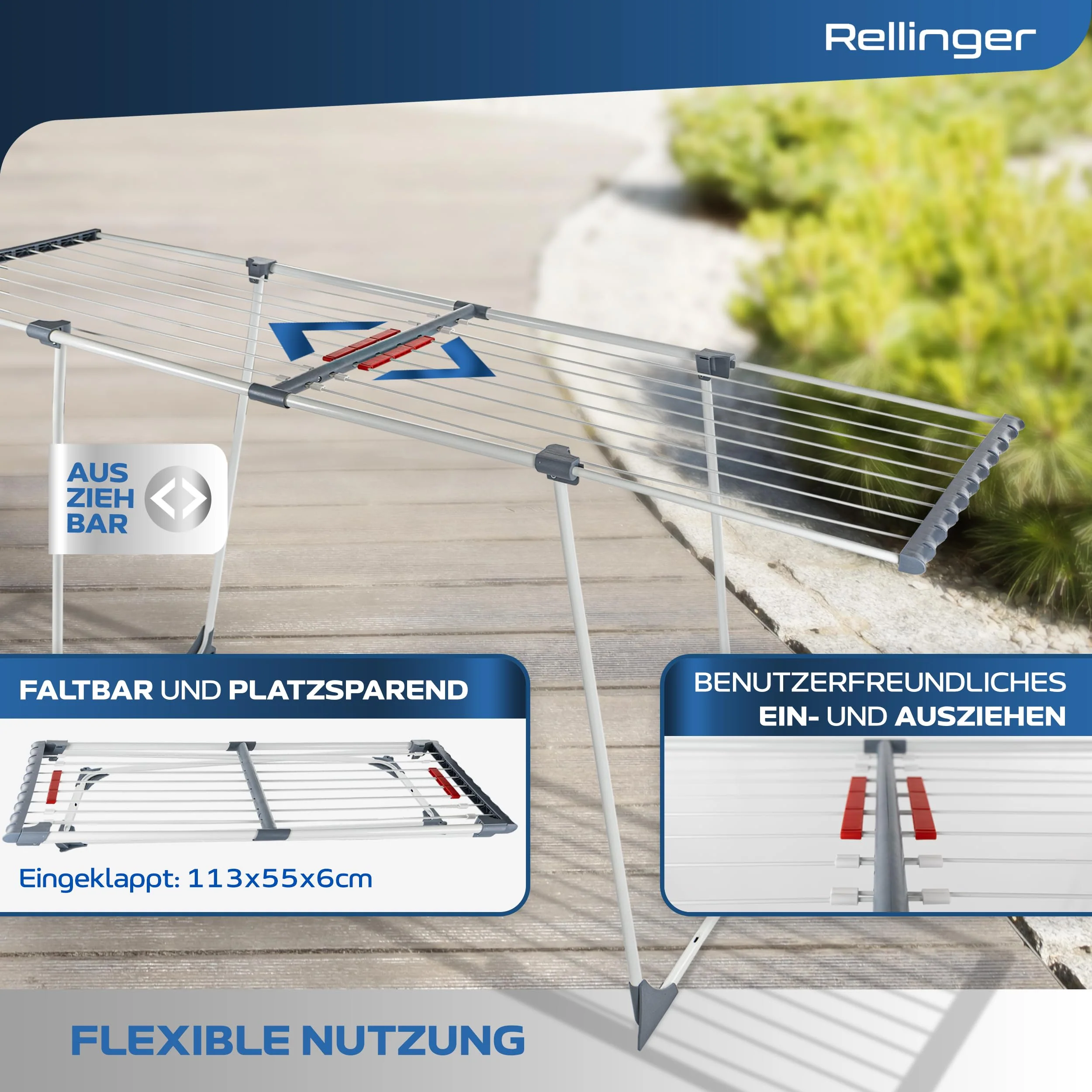 RELLINGER® Wäscheständer ausziehbar [20M TROCKENLÄNGE] - Wäscheständer hoch - Premium Wäschetrockner Ständer - Faltbarer Wäscheständer XXL - ausziehbarer Wäscheständer - Standtrockner rutschfest - Image 2