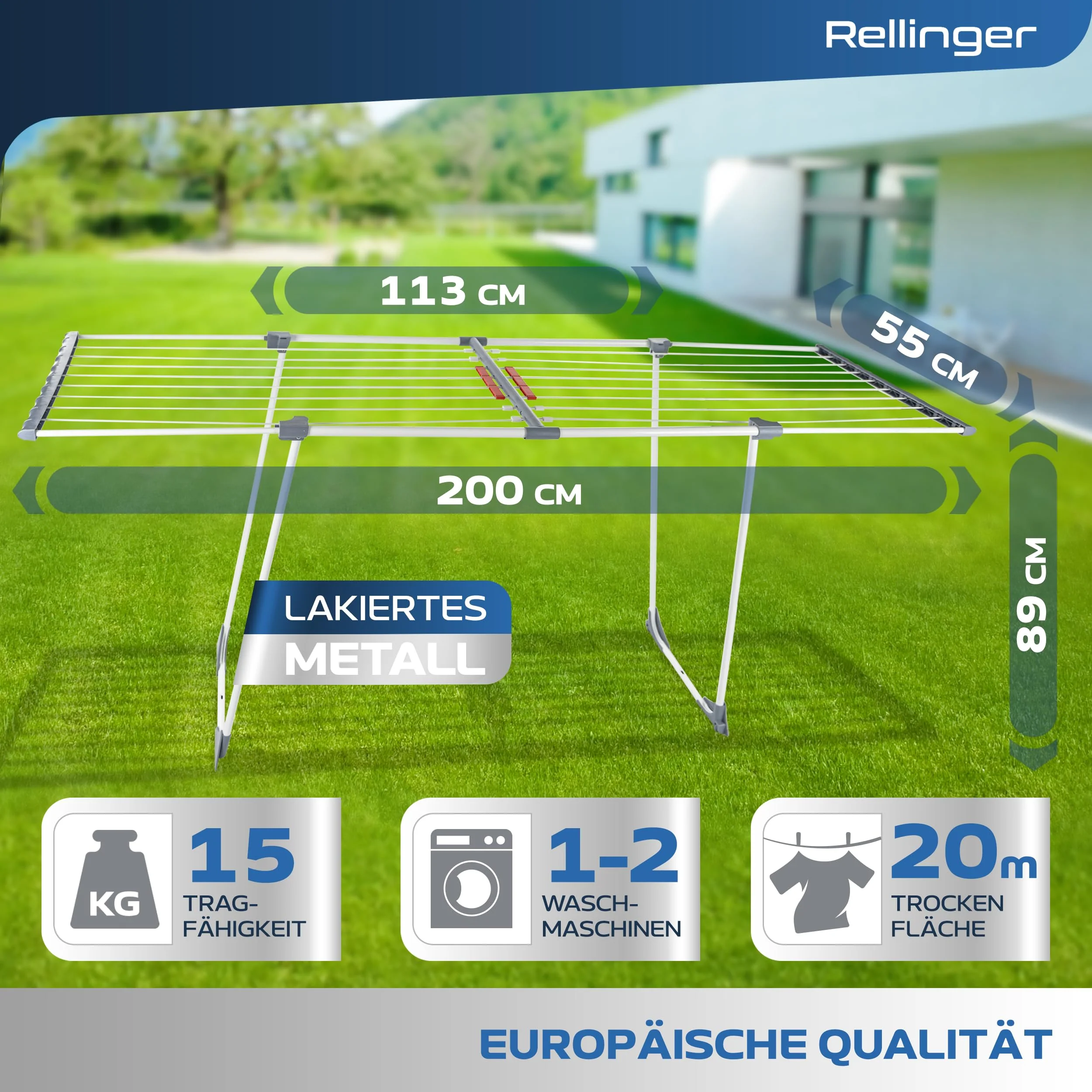 RELLINGER® Wäscheständer ausziehbar [20M TROCKENLÄNGE] - Wäscheständer hoch - Premium Wäschetrockner Ständer - Faltbarer Wäscheständer XXL - ausziehbarer Wäscheständer - Standtrockner rutschfest - Image 3