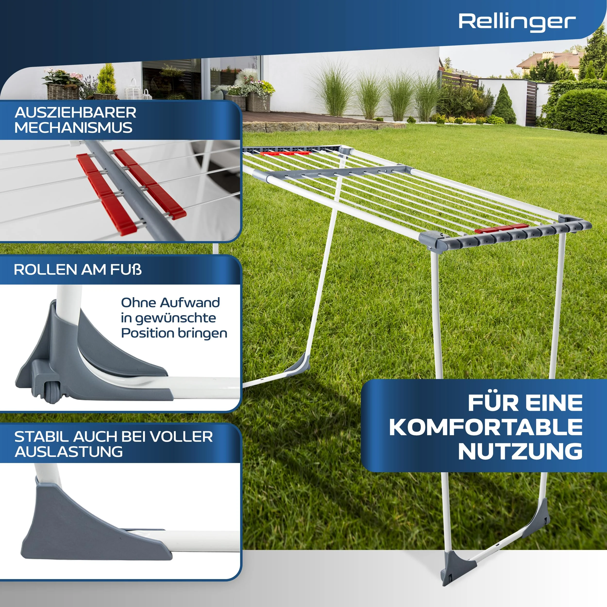 RELLINGER® Wäscheständer ausziehbar [20M TROCKENLÄNGE] - Wäscheständer hoch - Premium Wäschetrockner Ständer - Faltbarer Wäscheständer XXL - ausziehbarer Wäscheständer - Standtrockner rutschfest - Image 7