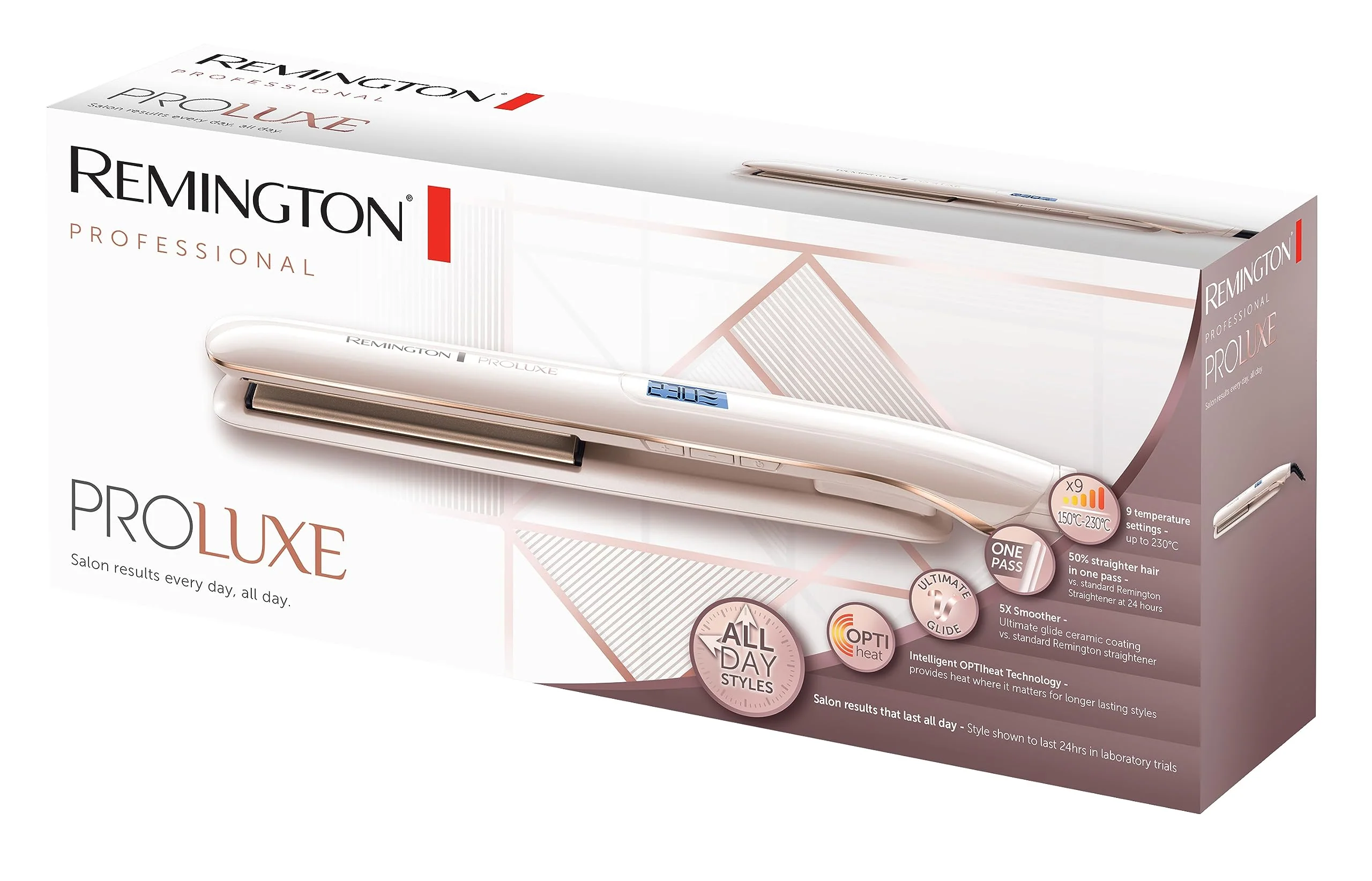 Remington Glätteisen PROluxe (OPTIheat-Technologie für lang anhaltende Styling-Ergebnisse in nur einem Zug & Ultimate-Glide-Keramikbeschichtung) LCD-Display, 150-230°C, Haarglätter S9100 - Image 2