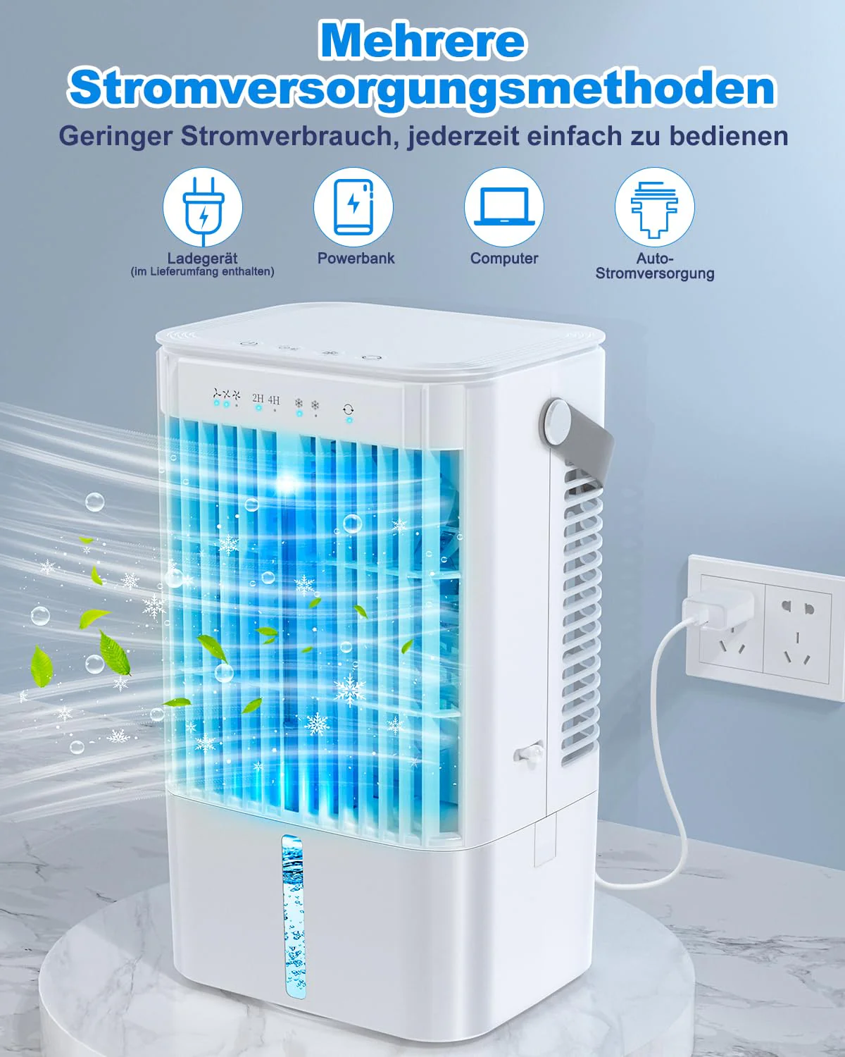 RenFox Mobiler Klimaanlage 4 in 1 Energiesparender Mini Luftkühler mit großem wassertank (1200 ml), 3-Stufen Verdunstungskühlung, 7 Farb-LED, Timer und geräuscharm für Home Office und Schlafzimmer - Image 9