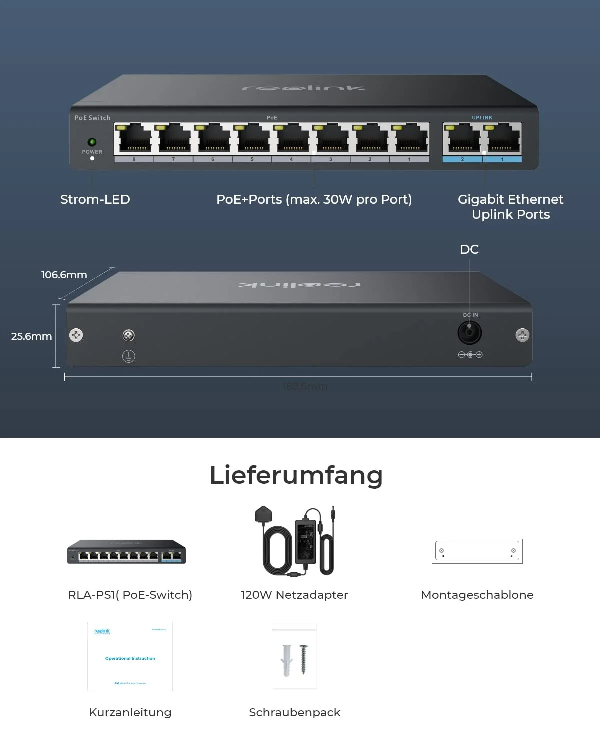 Reolink 8 Ports PoE-Switch, mit 2 Gigabit-Uplink-Ports, bis zu 120W Gesamtleistung für alle PoE-Ports, Netzwerk Switch ideal für Reolink NVR und PoE-IP-Kameras, IEEE802.3af/at, Unmanaged, RLA-PS1 - Image 3