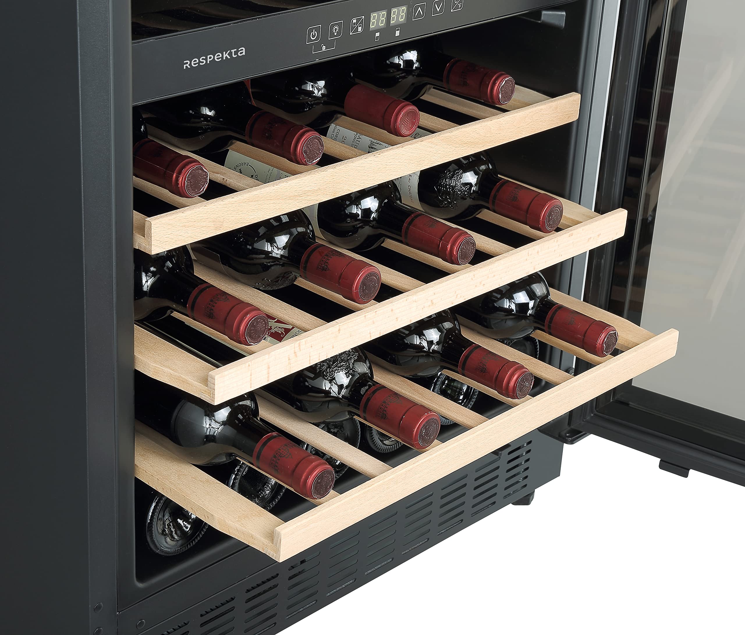Respekta Unterbau-Weinkühlschrank für 46 Standardflaschen / 129 L Nutzinhalt / 2Temperaturzonen, je 5° - 22°C/Touch Control/LED Leuchte/WechselbarerTüranschlag/Max. 43 dB/WKSU 46-19