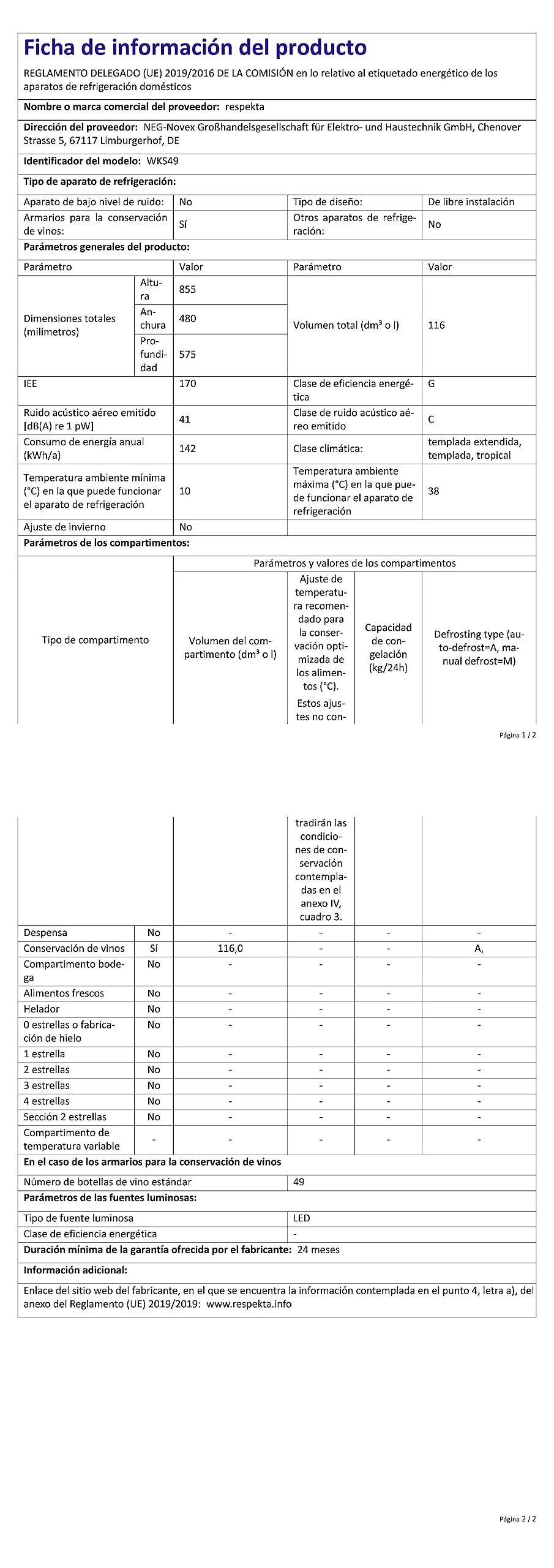 Respekta Weinkühlschrank freistehend für 49 Standardflaschen / 116 L Nutzinhalt/Regelbares Thermostat 5° - 22°C/Touch Control/LED Leuchte/Wechselbarer Türanschlag/Max. 41 dB/WKS 49 - Image 11