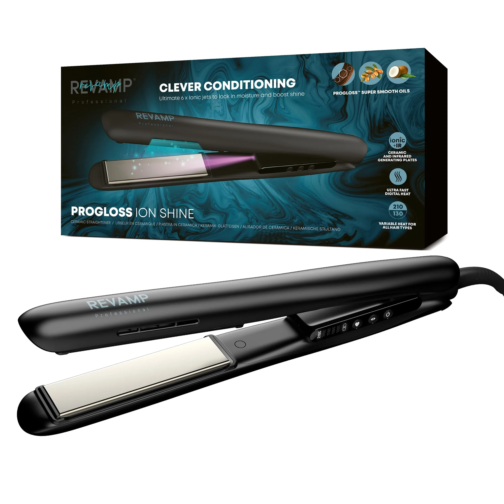 Revamp Progloss Ion Shine Keramik-Glätteisen mit Ionen-Technologie für jederzeit frizzfreie Ergebnisse, angereichert mit Progloss Smooth Keratin, Argan- und Kokosöl, verschiedene Hitzestufen, Schwarz