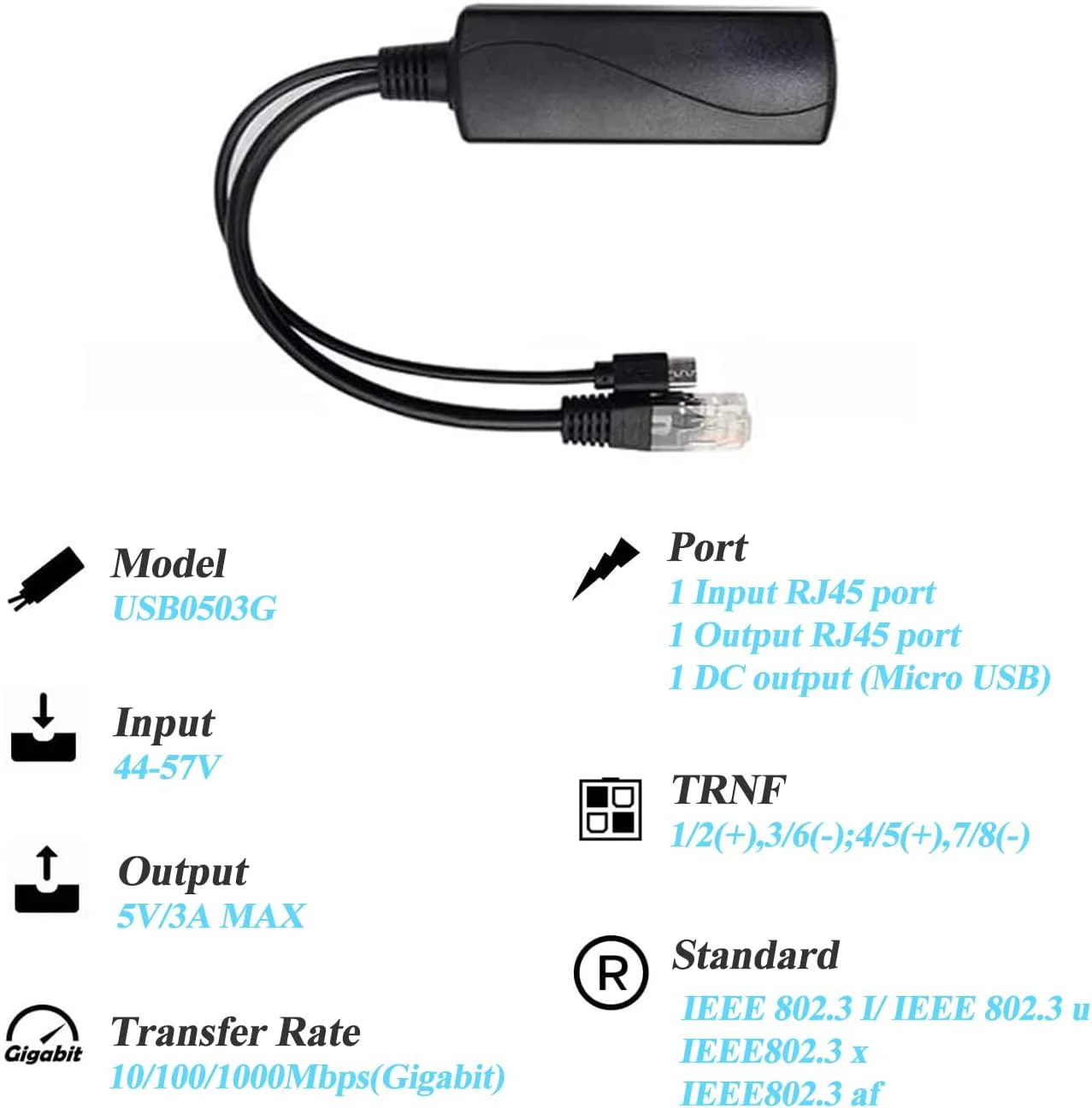REVODATA Gigabit Micro USB PoE Splitter 5V/3A, 48V PoE zu Micro USB 5V/3A Ausgang, IEEE802.3af/at Aktiv 10/100/1000Mbps, PoE Adapter Splitter für Pi 3B/3B+/Micro USB Gerät (USB0503G) - Image 2