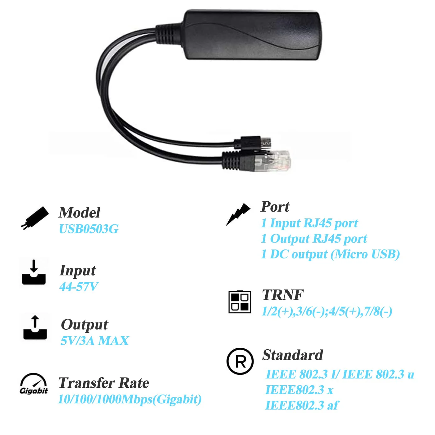 REVODATA Gigabit Micro USB PoE Splitter 5V/3A, 48V PoE zu Micro USB 5V/3A Ausgang, IEEE802.3af/at Aktiv 10/100/1000Mbps, PoE Adapter Splitter für Pi 3B/3B+/Micro USB Gerät (USB0503G) - Image 5