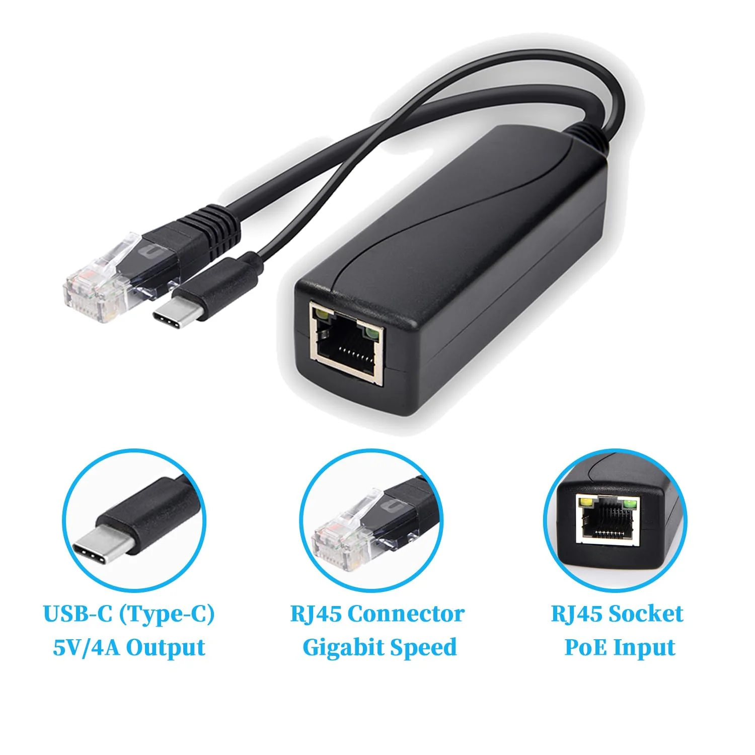 REVODATA Gigabit Typ C PoE Splitter 5V/4A, PoE 48V auf USB-C 5V/4A Ausgang, Erfüllt IEEE802.3af/at, Adaptive 10/100/1000Mbps, PoE Adapter Splitter für Smart Home/Pi 4B/4B+ (TYPEC0504G) - Image 3