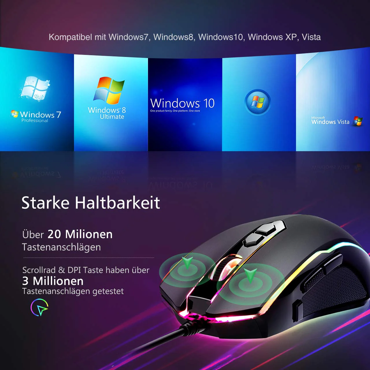 RGB Gaming Maus,Vollion Gamer Maus mit 8 Programmierbare Tasten 7200DPI/RGB-Beleuchtung/Anpassbare Spielprofile,USB-Wired mit ergonomisches Design für MMO, MOBA oder FPS Games für PC/Mac - Image 3