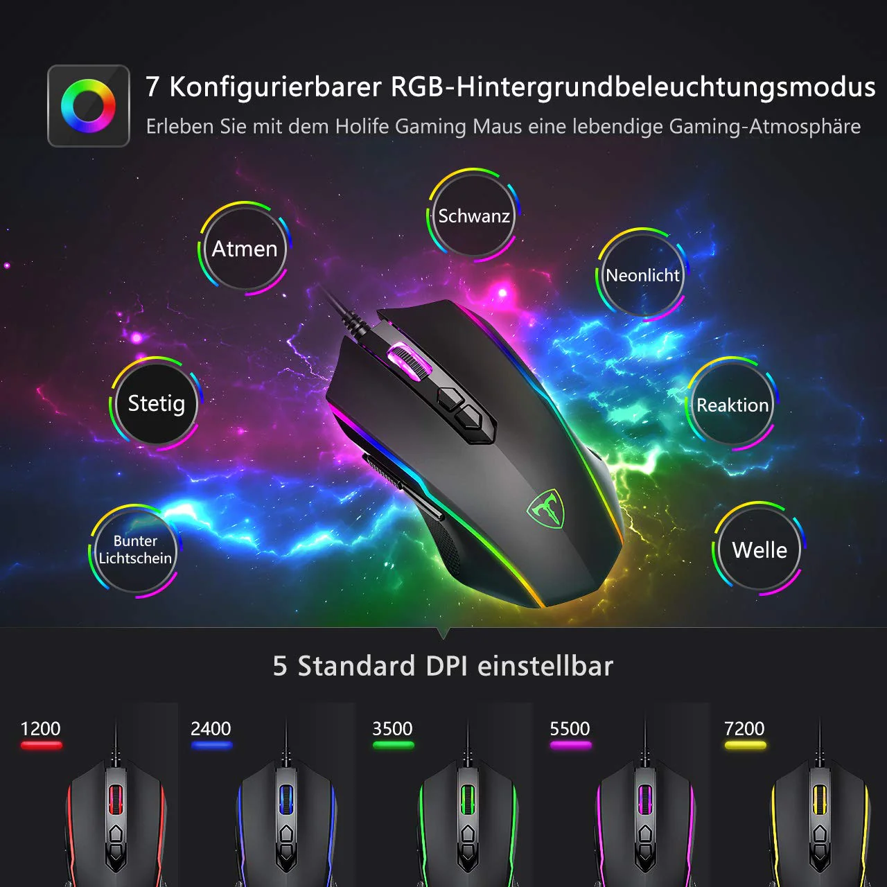 RGB Gaming Maus,Vollion Gamer Maus mit 8 Programmierbare Tasten 7200DPI/RGB-Beleuchtung/Anpassbare Spielprofile,USB-Wired mit ergonomisches Design für MMO, MOBA oder FPS Games für PC/Mac - Image 6