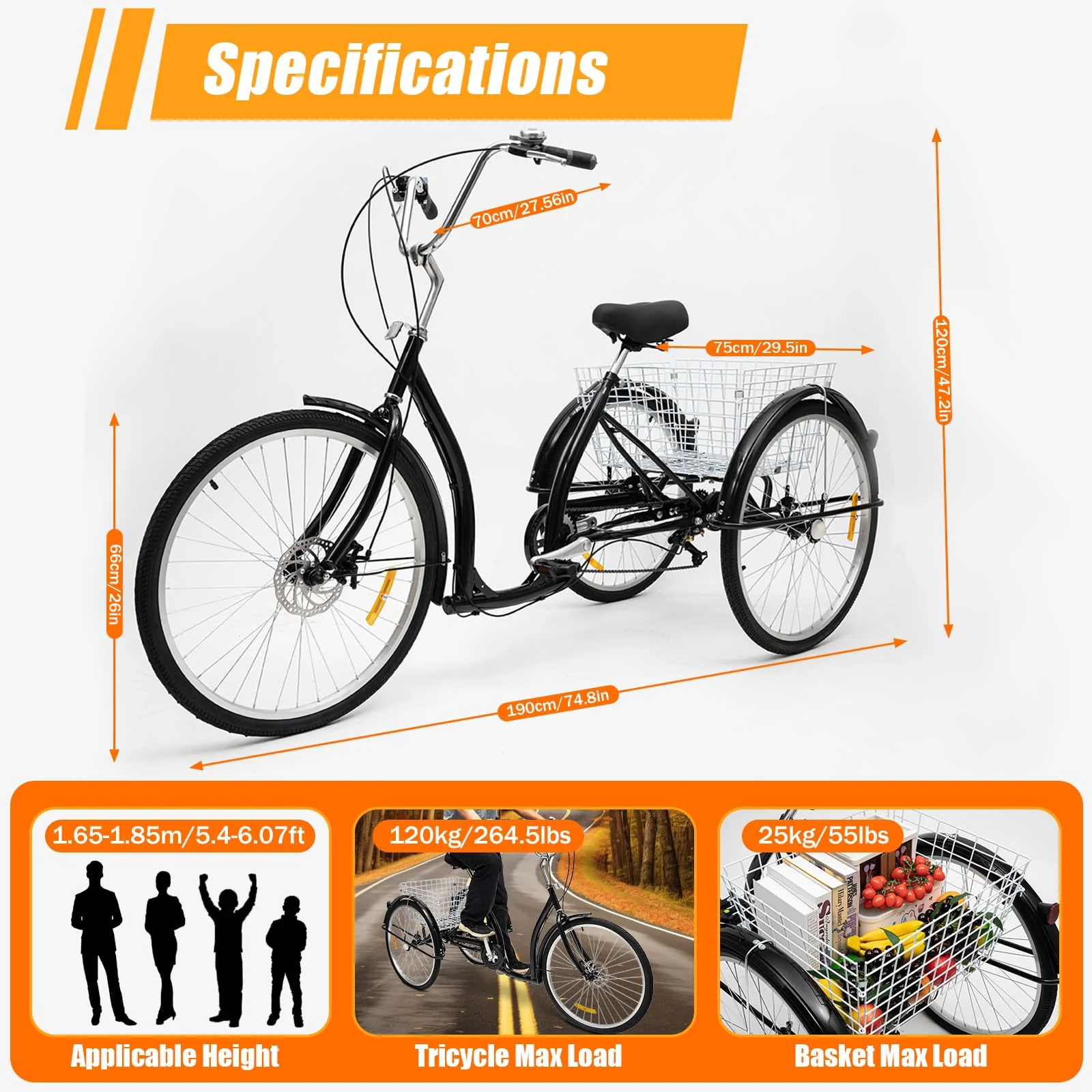 RibasuBB 26 Zoll 3 Räder Dreirad Erwachsene 26" Senioren Dreirad 6 Gang Bike mit Korb, Dreirädriges Cruiser-Fahrrad für Erholung, Einkaufen, Picknicks - Image 2