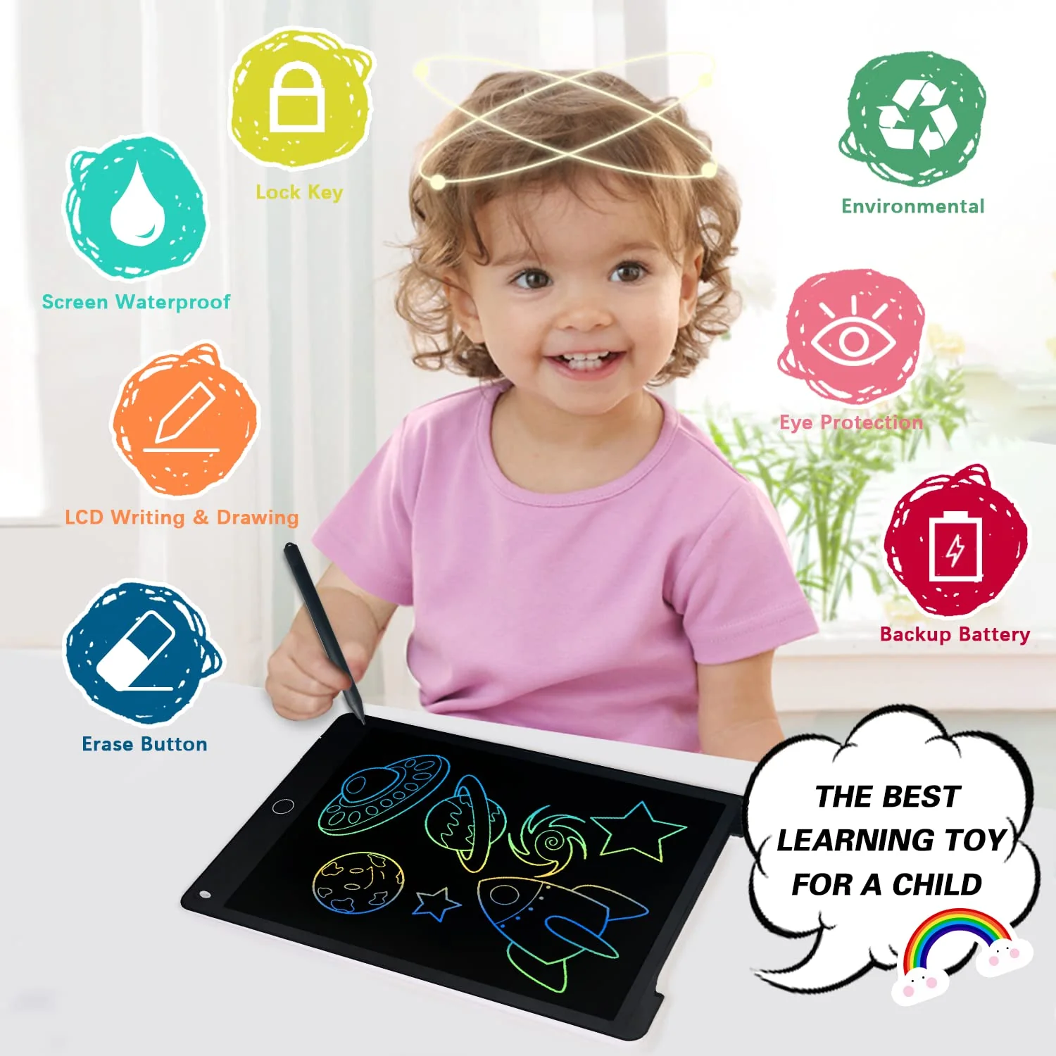Richgv Bunte LCD Schreibtafel Kinder 12 Zoll,Maltafel Zaubertafel mit Magnet,Löschbarem Handschrift Block Schreibtablett Elektronisch, LCD Zaubertafel Kinder,Lernspielzeuggeschenk für Mädchen & Jungen