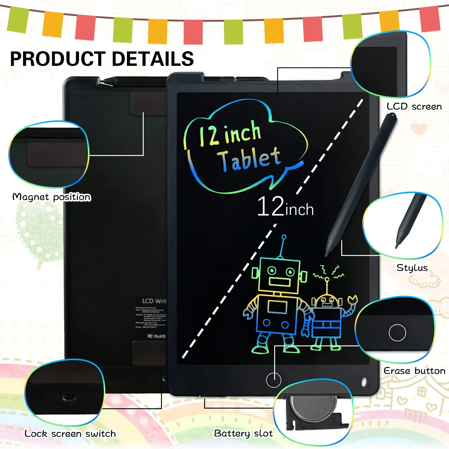 Richgv Bunte LCD Schreibtafel Kinder 12 Zoll,Maltafel Zaubertafel mit Magnet,Löschbarem Handschrift Block Schreibtablett Elektronisch, LCD Zaubertafel Kinder,Lernspielzeuggeschenk für Mädchen & Jungen - Image 5