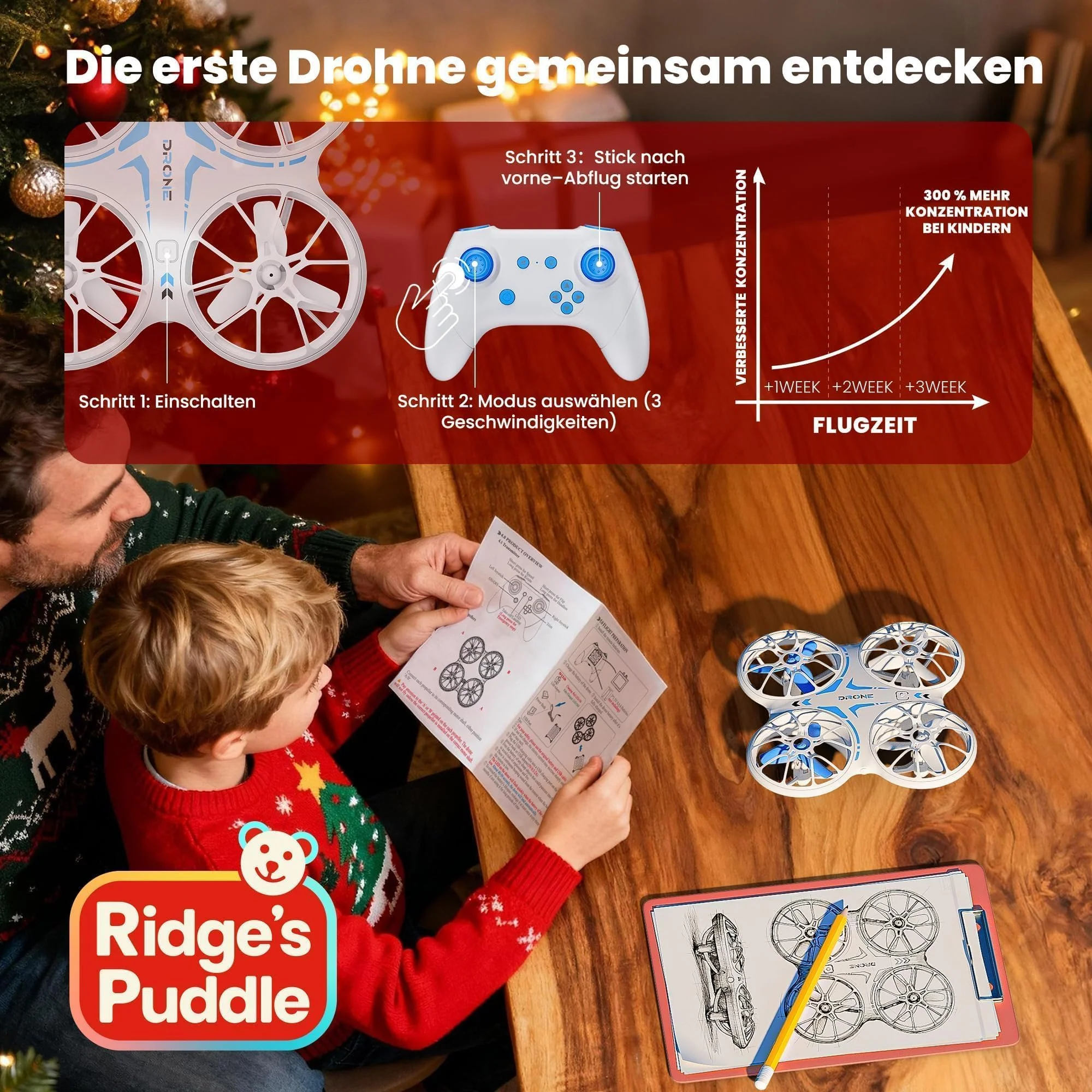 Ridge's Puddle Mini Drohne für Kinder - Geschenke Junge RC Flugzeug Drone Kinder mit LED Lichter Spielzeug ab 6 7 8 9 10 Jahre Jungen Mädchen 2 Batterien - Image 3