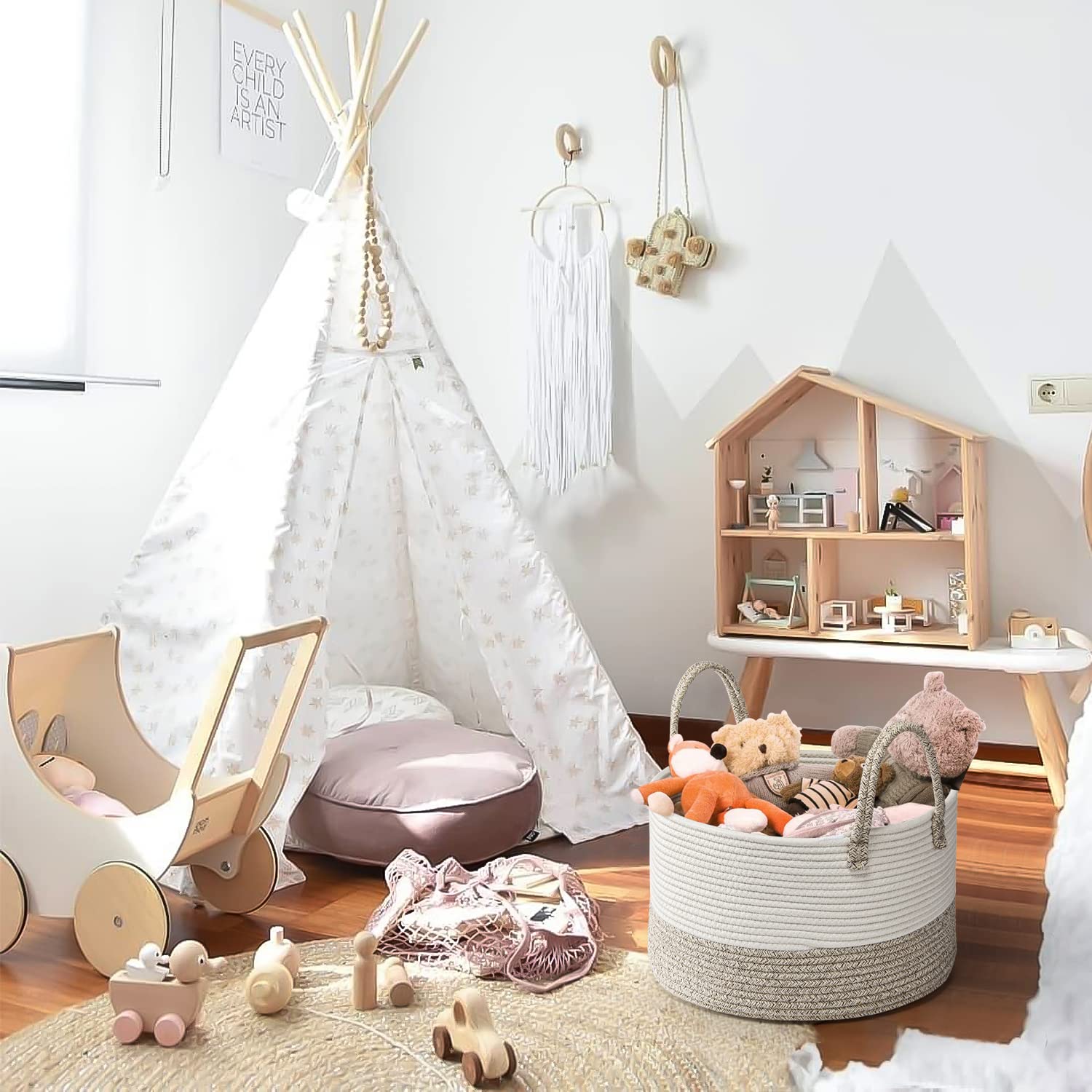 Rieeyrslza Wäschekorb für Decken 32L Geflochten Wäschesammler Baumwolle Seil Korb Faltbare Vielseitiger Aufbewahrungskorb mit Henkel Geeignet für Wohnzimmer und Schlafzimmer(Braun) - Image 2