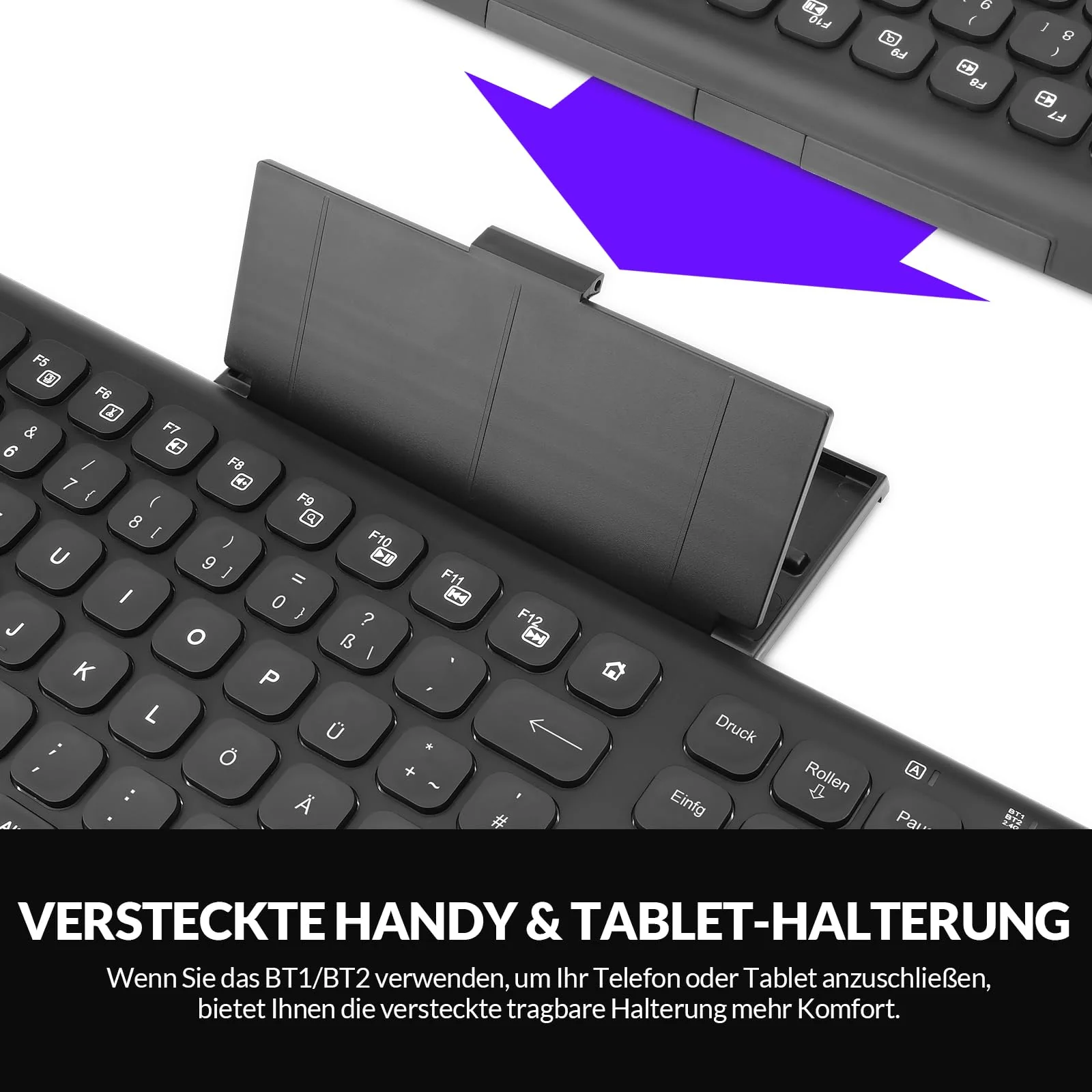 Rii Bluetooth Tastatur Kabellos, Gaming Tastatur Bluetooth mit QWERTZ, Tastatur Gaming Keyboard mit Halterung, Kabellose Tastatur Beleuchtet für PC/Tablet - Image 4