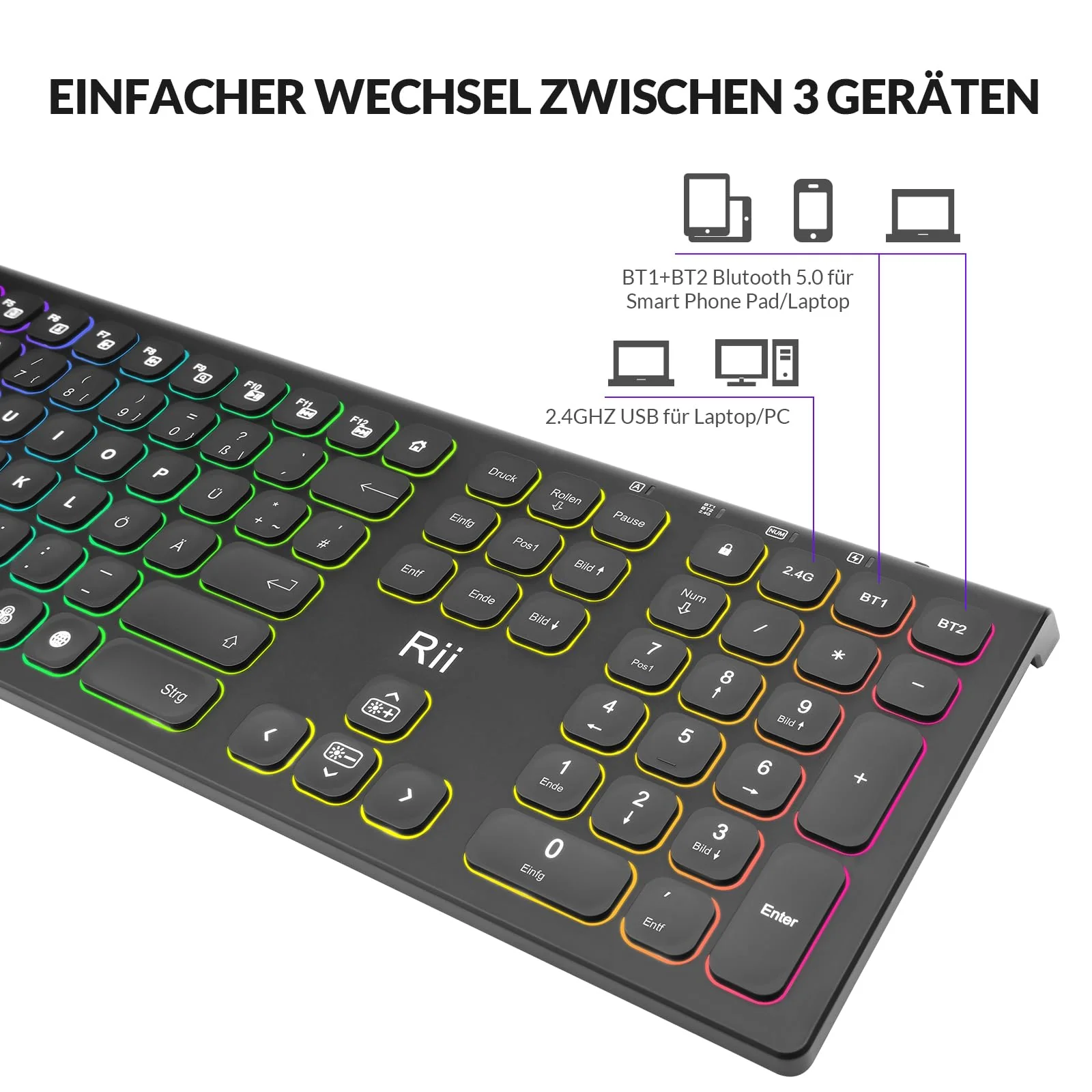 Rii Bluetooth Tastatur Kabellos, Gaming Tastatur Bluetooth mit QWERTZ, Tastatur Gaming Keyboard mit Halterung, Kabellose Tastatur Beleuchtet für PC/Tablet - Image 5