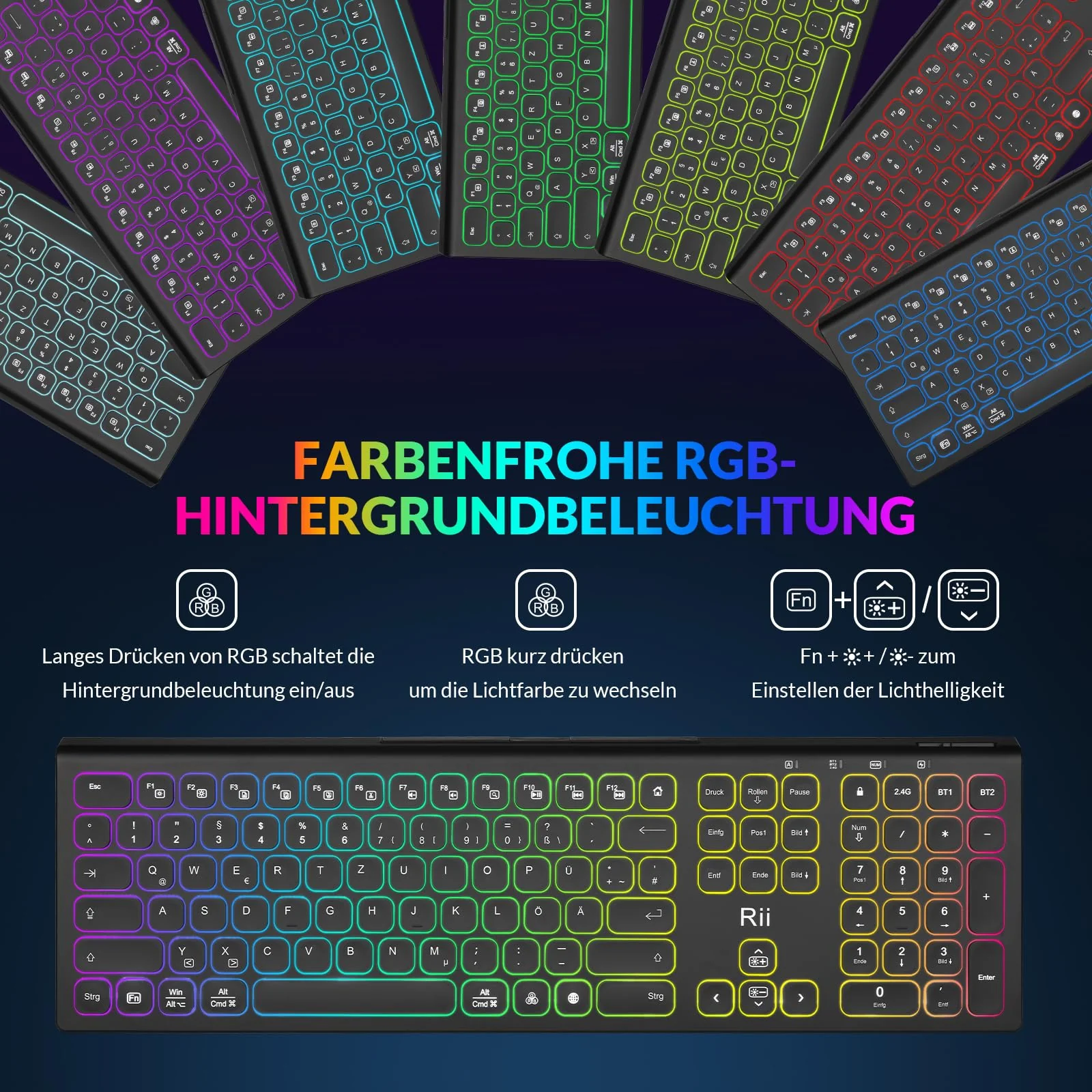 Rii Bluetooth Tastatur Kabellos, Gaming Tastatur Bluetooth mit QWERTZ, Tastatur Gaming Keyboard mit Halterung, Kabellose Tastatur Beleuchtet für PC/Tablet - Image 7