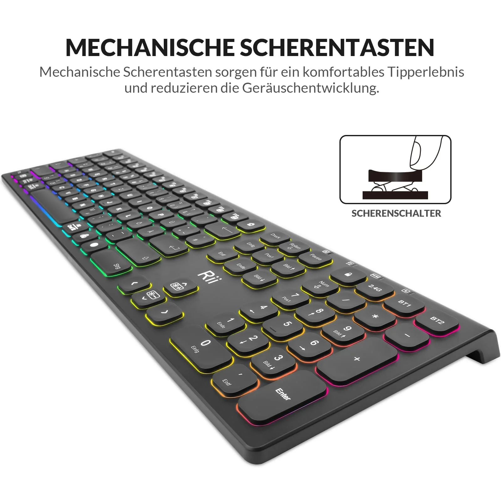 Rii Bluetooth Tastatur Kabellos, Gaming Tastatur Bluetooth mit QWERTZ, Tastatur Gaming Keyboard mit Halterung, Kabellose Tastatur Beleuchtet für PC/Tablet - Image 8