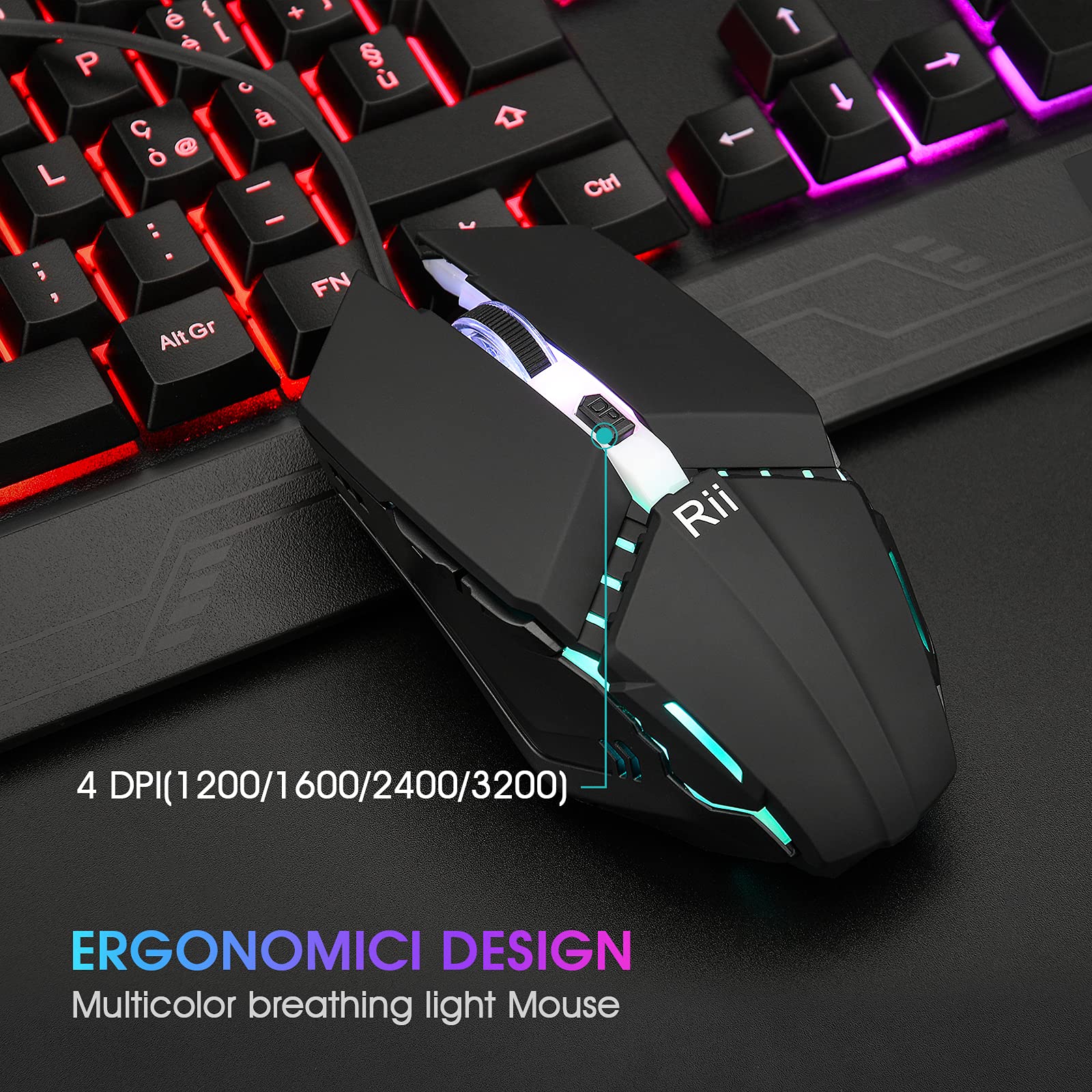 Rii Gaming RK400+ (italienisches Layout) - Set aus Tastatur und Maus, LED-Hintergrundbeleuchtung 7 Farben (Regenbogen), Anti-Ghosting, Empfindlichkeit einstellbar bis zu 3.200 dpi - Image 7