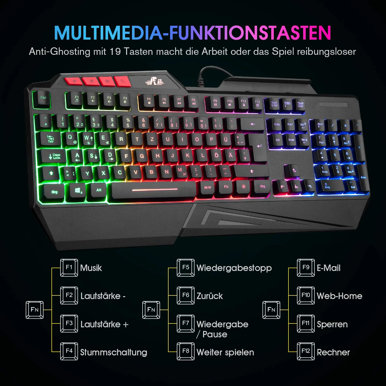 Rii Gaming Tastatur, PC Tastatur Beleuchtet Regenbogen Tastatur USB, 19 Anti-Ghosting, Gaming Keyboard Für PC/Laptop/PS4/Xbox One (Deutsches Layout)