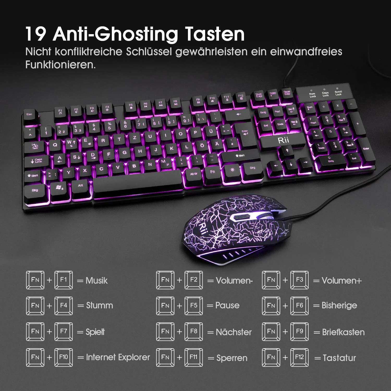 Rii Gaming Tastatur und Maus Set, 3 LED Hintergrundbeleuchtung, ideal für Gaming und Büro, kompatibel mit PC (DE-Layout, Schwarz) - Image 3