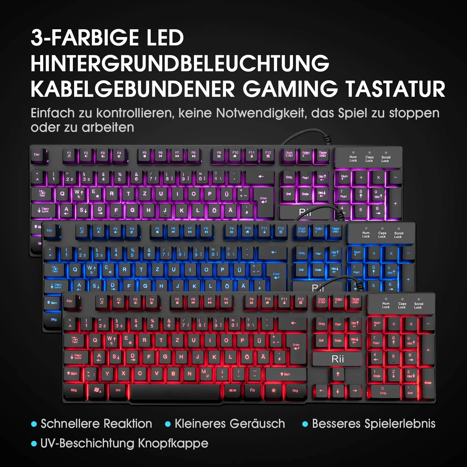 Rii Gaming Tastatur und Maus Set, 3 LED Hintergrundbeleuchtung, ideal für Gaming und Büro, kompatibel mit PC (DE-Layout, Schwarz) - Image 6