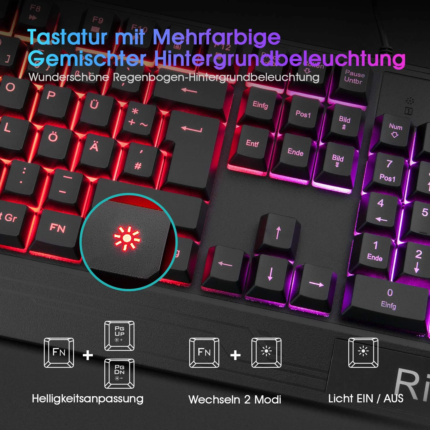 Rii Gaming Tastatur und Maus Set, Maus und Tastatur, RGB Hintergrundbeleuchtung QWERTZ (DE-Layout), Regenbogen Farben Beleuchtete USB Wasserdicht Tastatur und Maus mit 3200 für Pro PC Gamer - Image 2