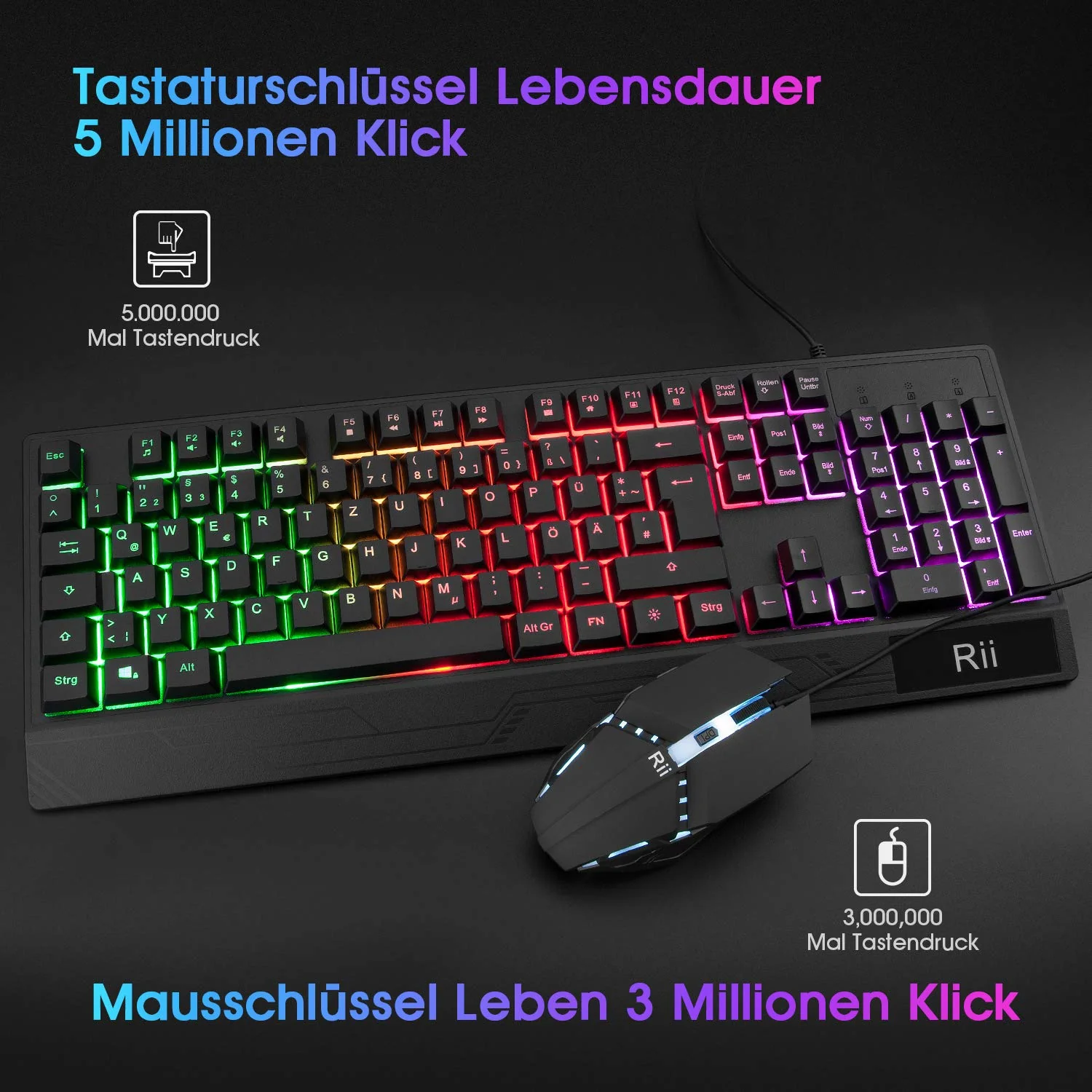 Rii Gaming Tastatur und Maus Set, Maus und Tastatur, RGB Hintergrundbeleuchtung QWERTZ (DE-Layout), Regenbogen Farben Beleuchtete USB Wasserdicht Tastatur und Maus mit 3200 für Pro PC Gamer - Image 3