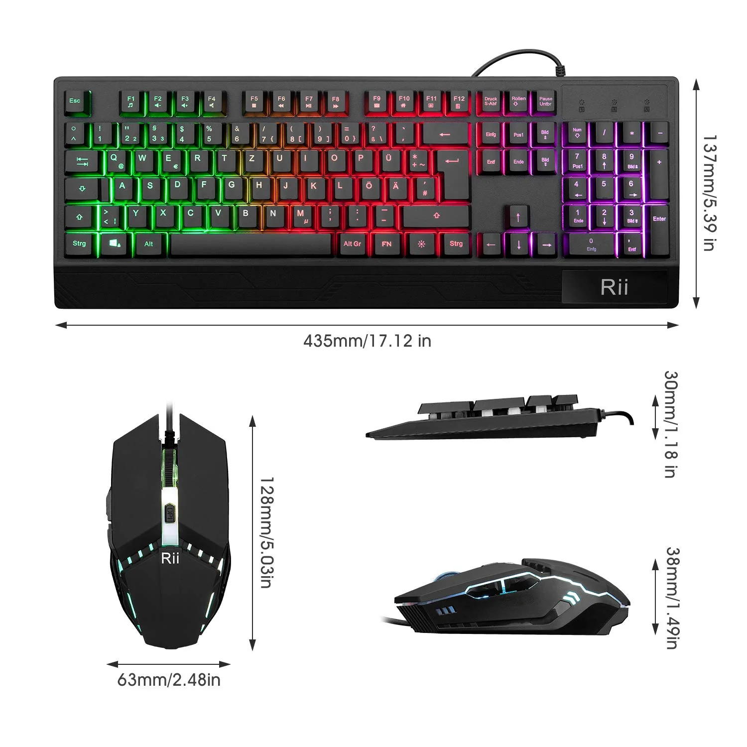 Rii Gaming Tastatur und Maus Set, Maus und Tastatur, RGB Hintergrundbeleuchtung QWERTZ (DE-Layout), Regenbogen Farben Beleuchtete USB Wasserdicht Tastatur und Maus mit 3200 für Pro PC Gamer - Image 4