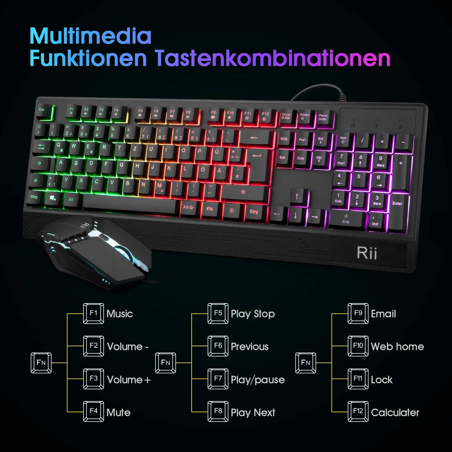 Rii Gaming Tastatur und Maus Set, Maus und Tastatur, RGB Hintergrundbeleuchtung QWERTZ (DE-Layout), Regenbogen Farben Beleuchtete USB Wasserdicht Tastatur und Maus mit 3200 für Pro PC Gamer - Image 6