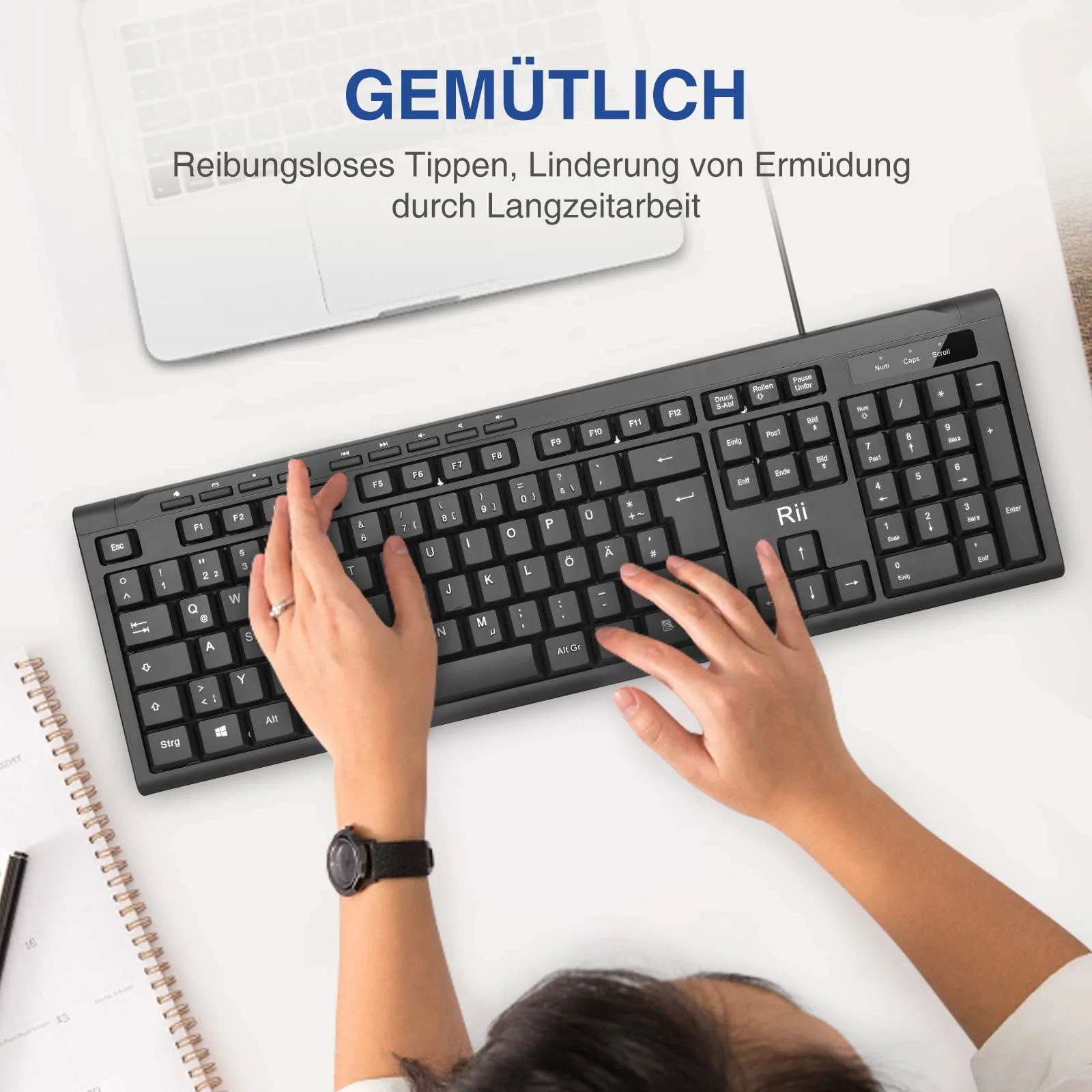 Rii Kabelgebundenes Tastatur-Maus-Set, PC Tastatur mit Kabel, Spritzwassergeschützt, Ergonomisch, USB-Anschluss, PC/Laptop, Windows/macOS, Büro/Schule - Deutsches QWERTZ Layout, Schwarz - Image 2