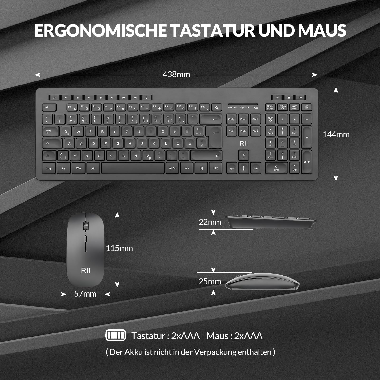 Rii Leise Tastatur Maus Set kabellos, Funktastatur mit Maus, Wireless Keyboard and Mouse, Für PC/Laptop/Windows/Smart TV, Deutsches Layout - schwarz - Image 2