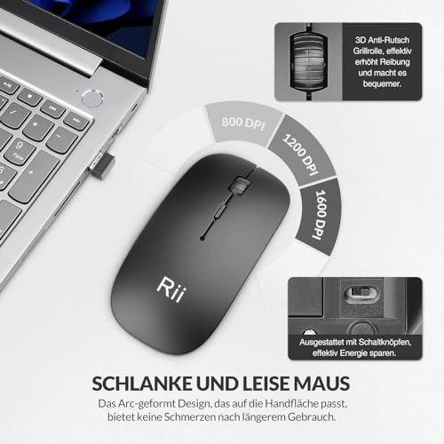 Rii Leise Tastatur Maus Set kabellos, Funktastatur mit Maus, Wireless Keyboard and Mouse, Für PC/Laptop/Windows/Smart TV, Deutsches Layout - schwarz - Image 3