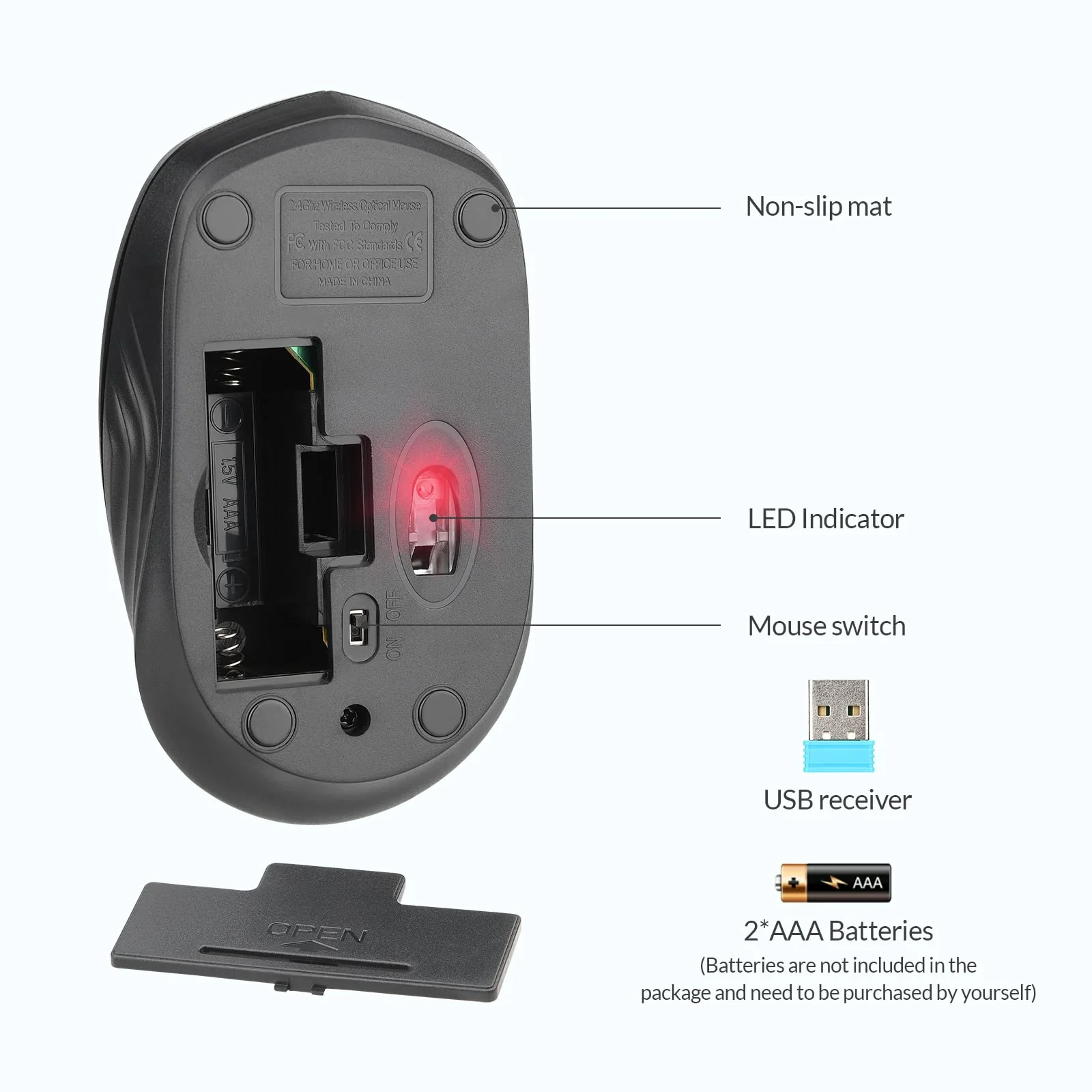 Rii Maus kabellos, 2.4G Funkmaus mit USB Empfänger(befindet Sich im Akkufach auf der Rückseite der Maus) Für Links und Rechtshänder, PC/Laptop/Windows, Schwarz - Image 2