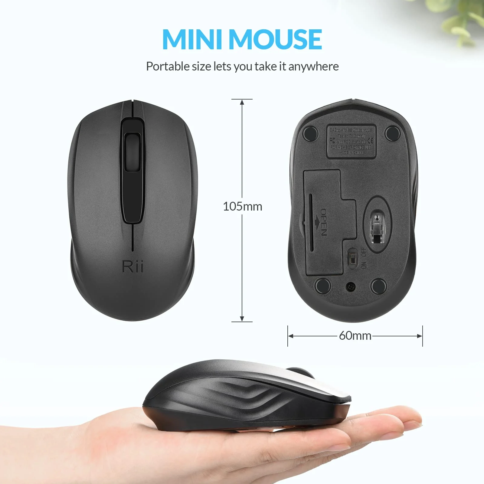 Rii Maus kabellos, 2.4G Funkmaus mit USB Empfänger(befindet Sich im Akkufach auf der Rückseite der Maus) Für Links und Rechtshänder, PC/Laptop/Windows, Schwarz - Image 7