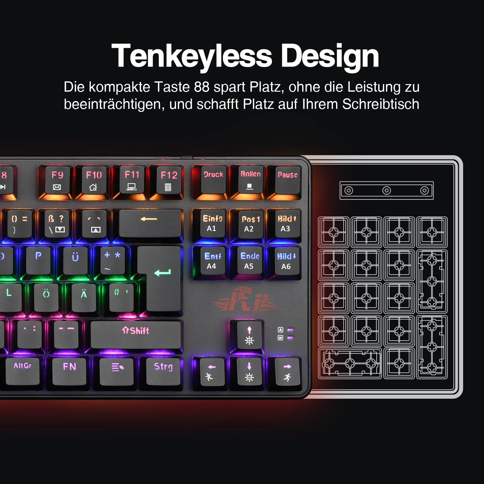 Rii Mechanische Tastatur Gaming Keyboard, Gaming Tastatur TKL mit QWERTZ, Tastatur Mechanisch mit Blaue Schalter (Laut), Tastatur Kabel (Nicht Hot-Swap-fähig, Schäfte sind Nicht austauschbar) - Image 7