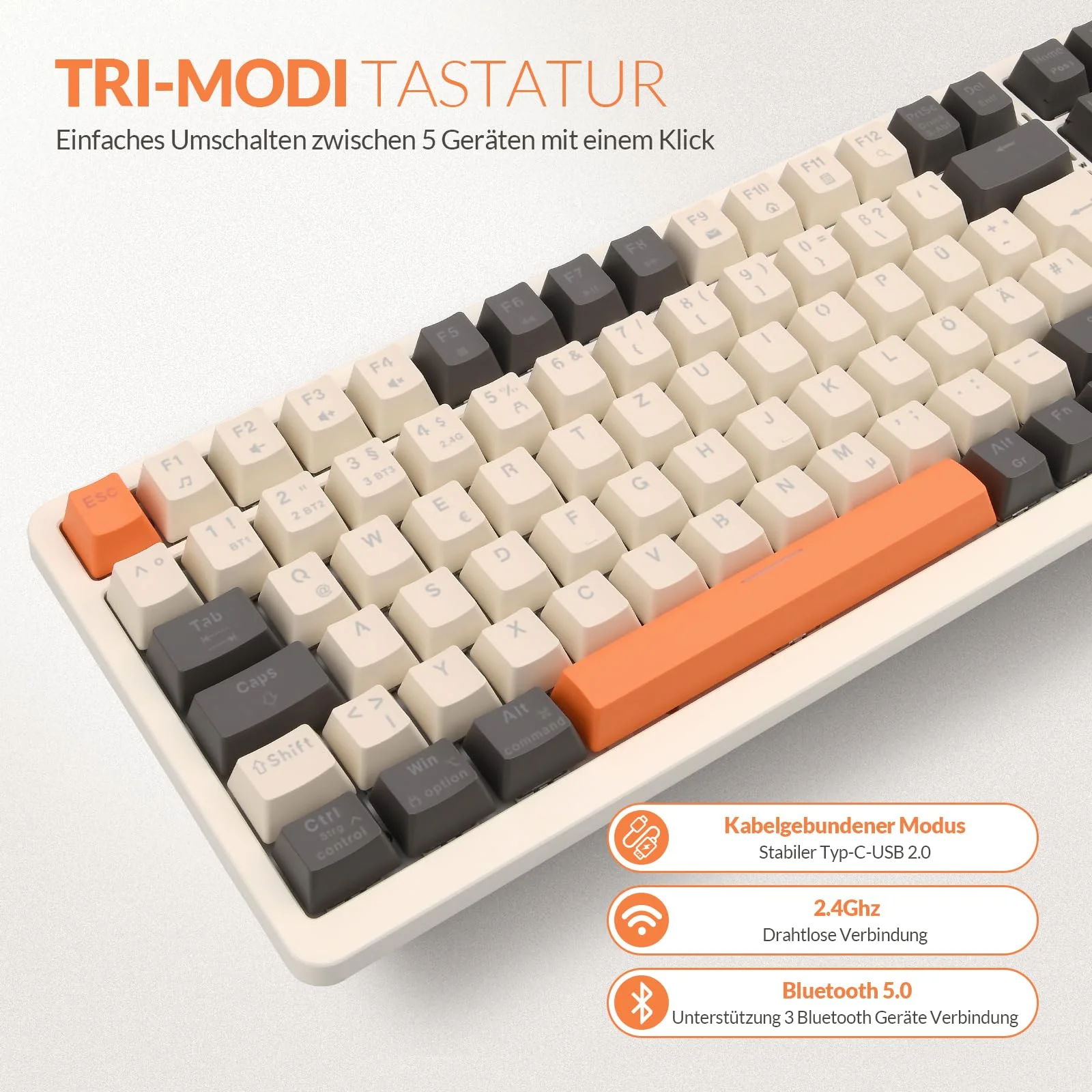 Rii Mechanische Tastatur Kabellos, Gaming Tastatur Bluetooth, Tri-Modi Gaming Tastatur 75 Prozent mit QWERTZ, 20 Arten von Regenbogen-LED-Hintergrundbeleuchtungen (BT5.0 + 2.4GHz + Kabel) - Image 8