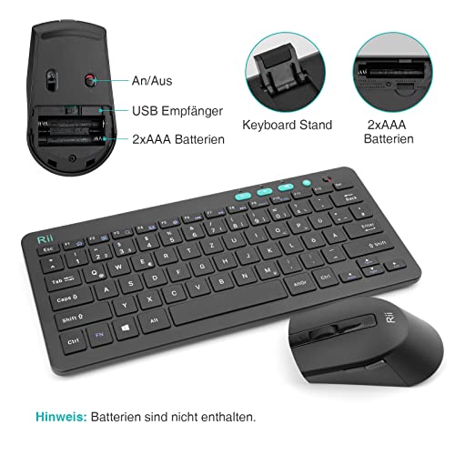 Rii Tastatur Maus Set Kabellos, 2.4G Kabellose Kompakte Tastatur mit Funkmaus für Laptop, PC und Smart TV, Deutsches QWERTZ Layout, Schwarz - Image 11