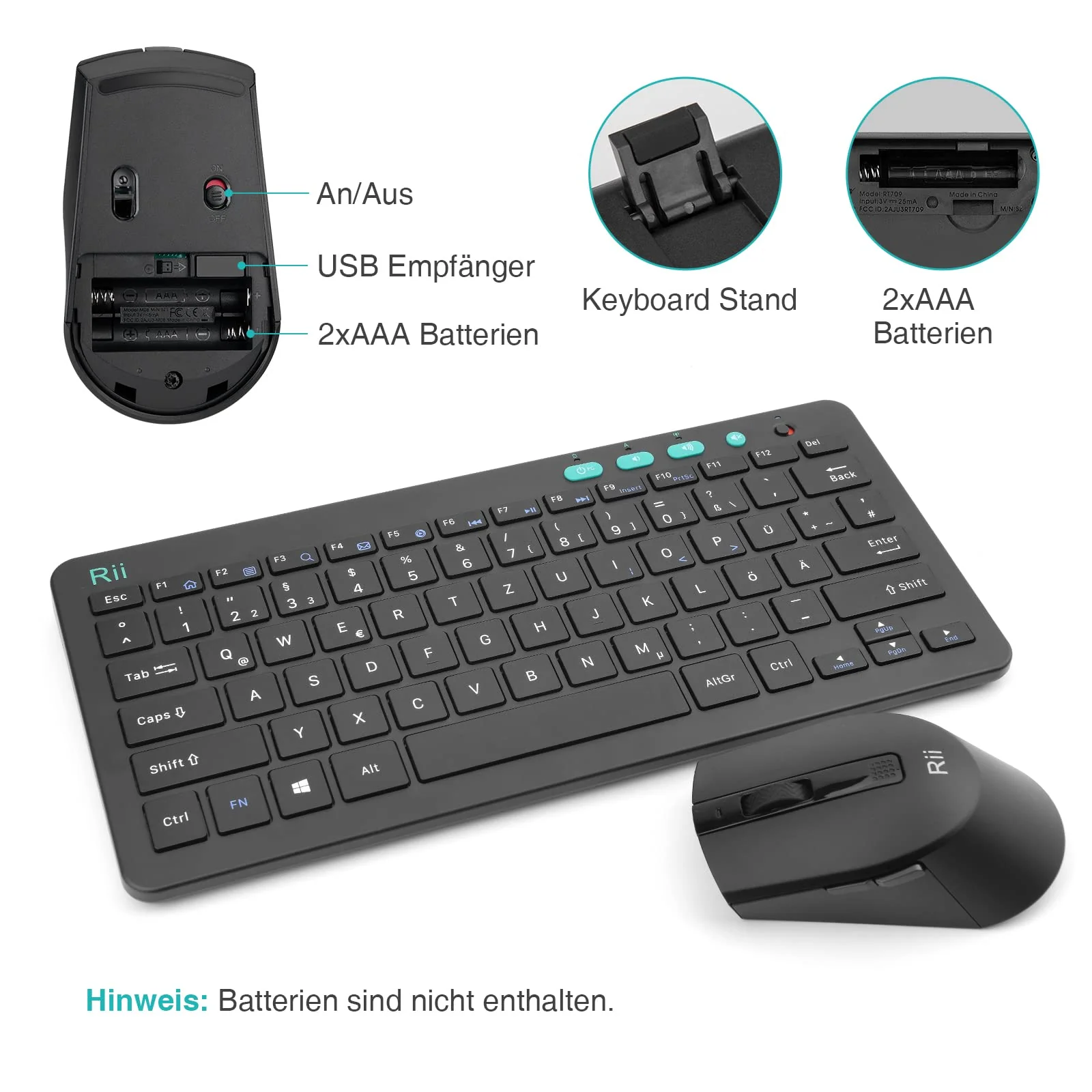 Rii Tastatur Maus Set Kabellos, 2.4G Kabellose Kompakte Tastatur mit Funkmaus für Laptop, PC und Smart TV, Deutsches QWERTZ Layout, Schwarz - Image 7