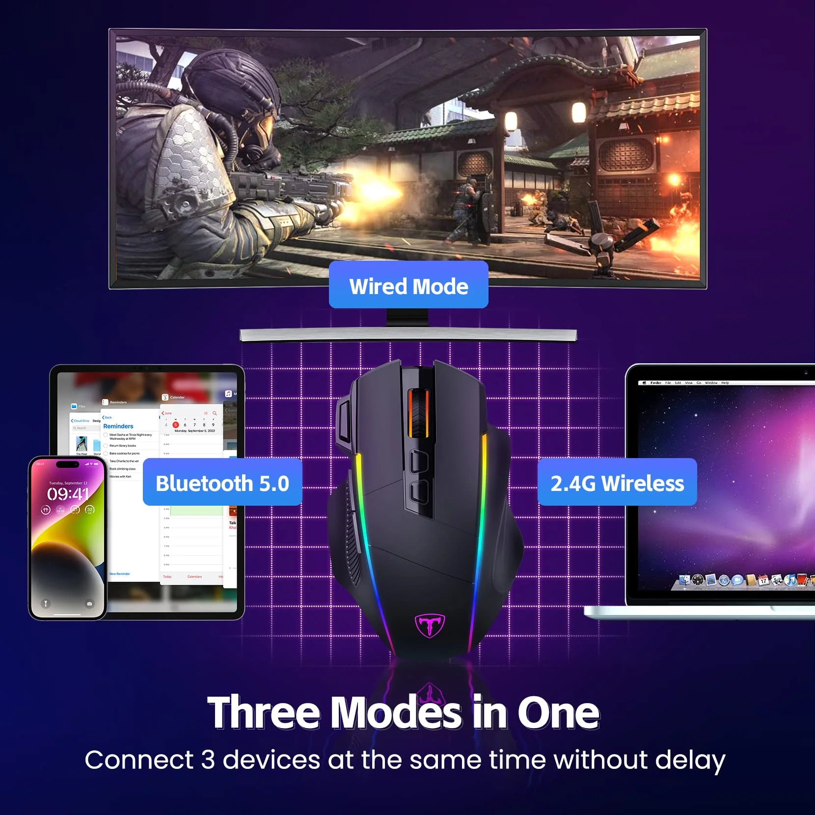 RisoPhy Gaming Maus Kabellose RGB,2.4G/USB-C/Bluetooth Maus mit 8 Programmierbare Tasten/10000DPI/7 RGB Beleuchtung,Wireless Ergonomische Maus für PC/Mac Gamer - Image 2