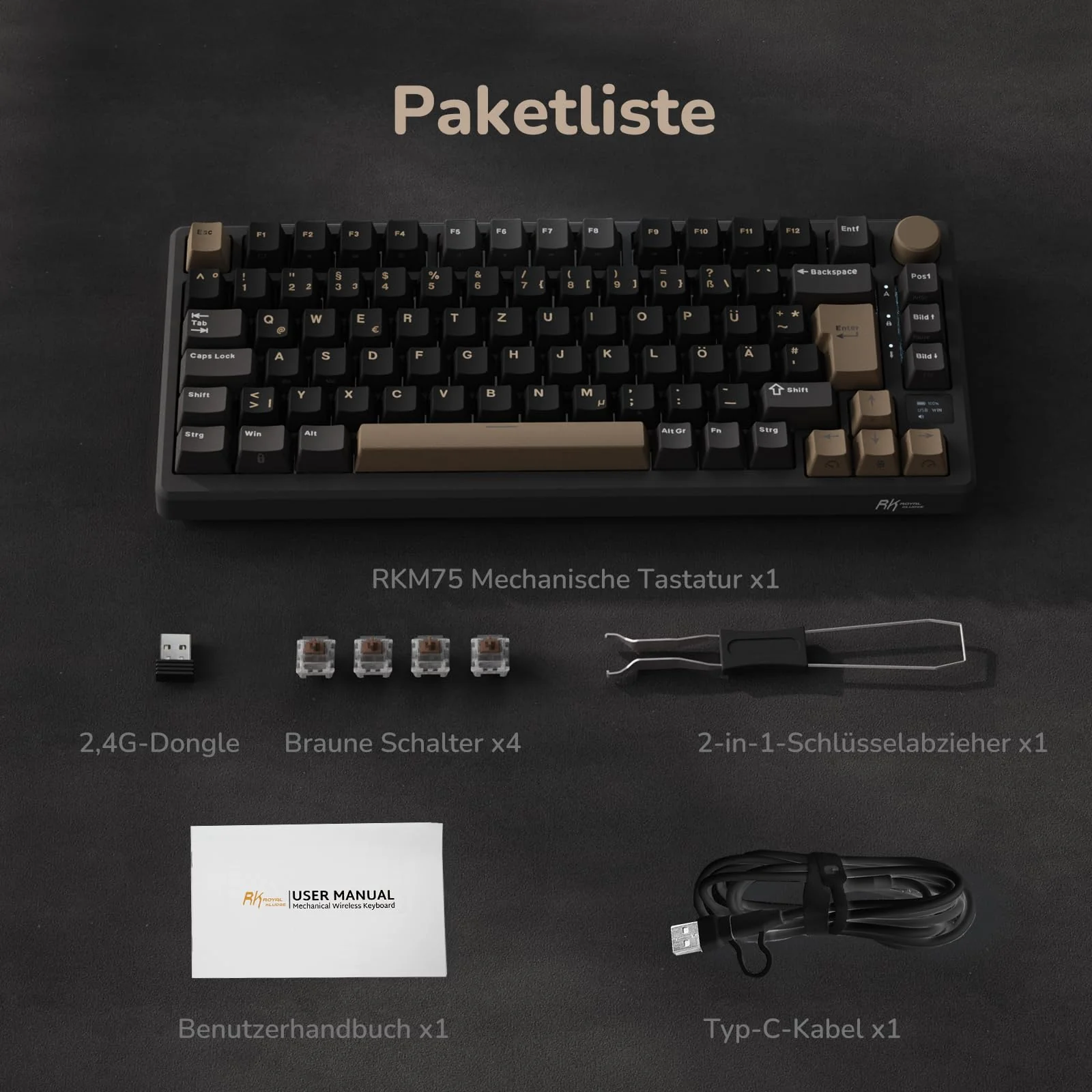 RK ROYAL KLUDGE M75 Gaming Tastatur kabellos 75% Prozent TKL Mechanische Tastatur RGB 2,4 GHz Wireless/Bluetooth/USB-C QWERTZ mit OLED-Smart-Display und Knopf Hot Swappable Braune Schalter, Grau - Image 10