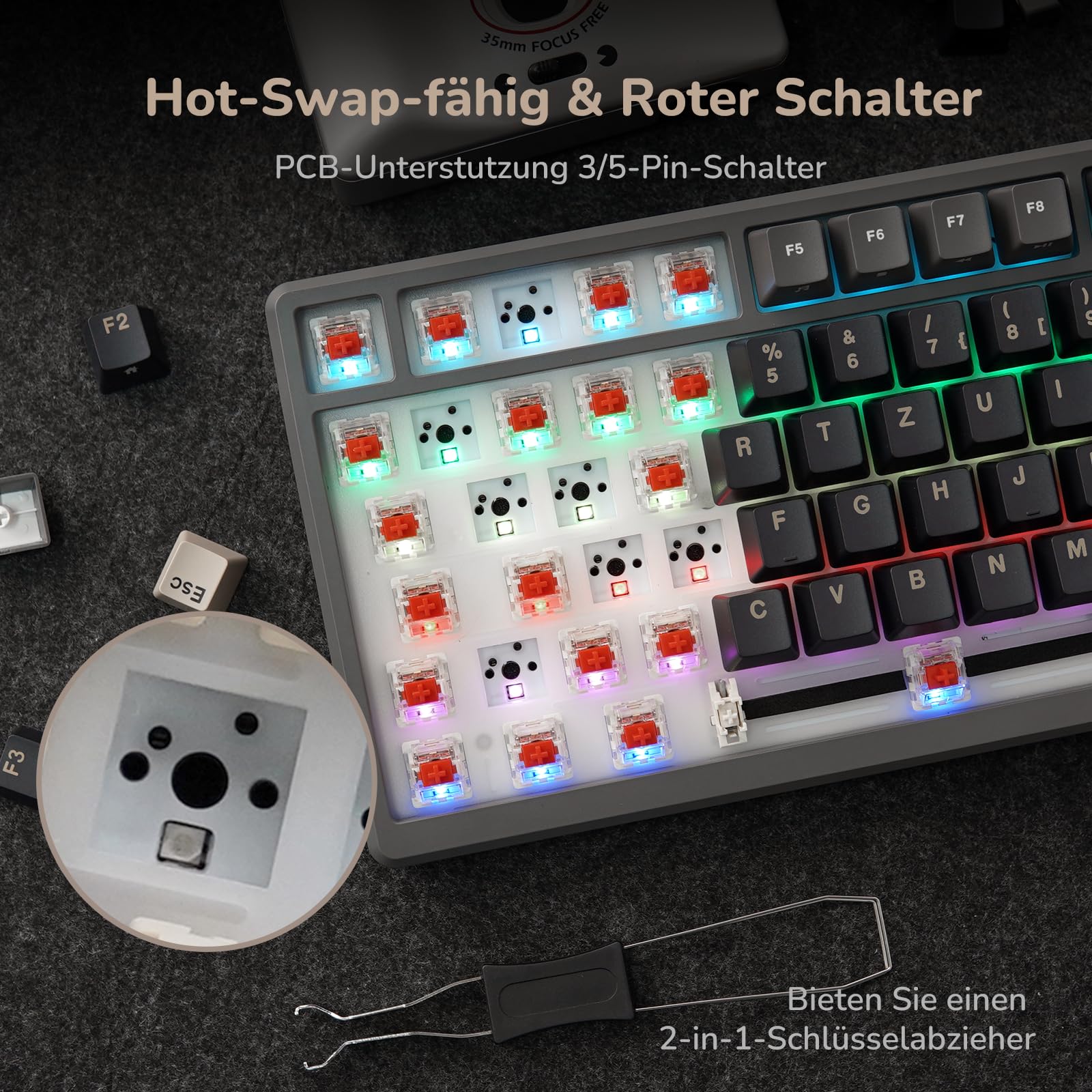 RK ROYAL KLUDGE M75 Gaming Tastatur kabellos 75% Prozent TKL Mechanische Tastatur RGB 2,4 GHz Wireless/Bluetooth/USB-C QWERTZ mit OLED-Smart-Display und Knopf Hot Swappable Roter Schalter, Grau - Image 3