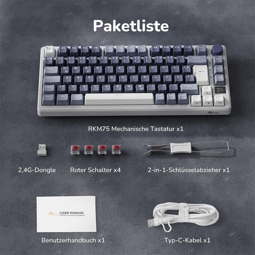 RK ROYAL KLUDGE M75 Gaming Tastatur kabellos 75% TKL Mechanische Tastatur RGB 2,4 GHz Wireless/Bluetooth/USB-C QWERTZ mit OLED-Smart-Display und Knopf Hot Swappable Roter Schalter, Lavendelviolett - Image 9
