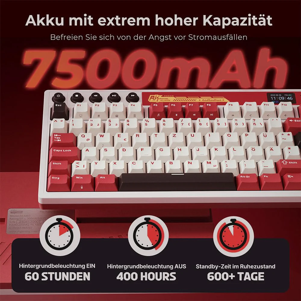 RK ROYAL KLUDGE M87 Mechanische Tastatur Kabellos mit Display und Doppelknopf, Gasket 75% Gaming Tastatur TKL, QWERTZ Bluetooth/2.4Ghz/USB-C RGB QMK/VIA, 7500 mAh, Hot Swap Linear Creamy Switches - Image 3