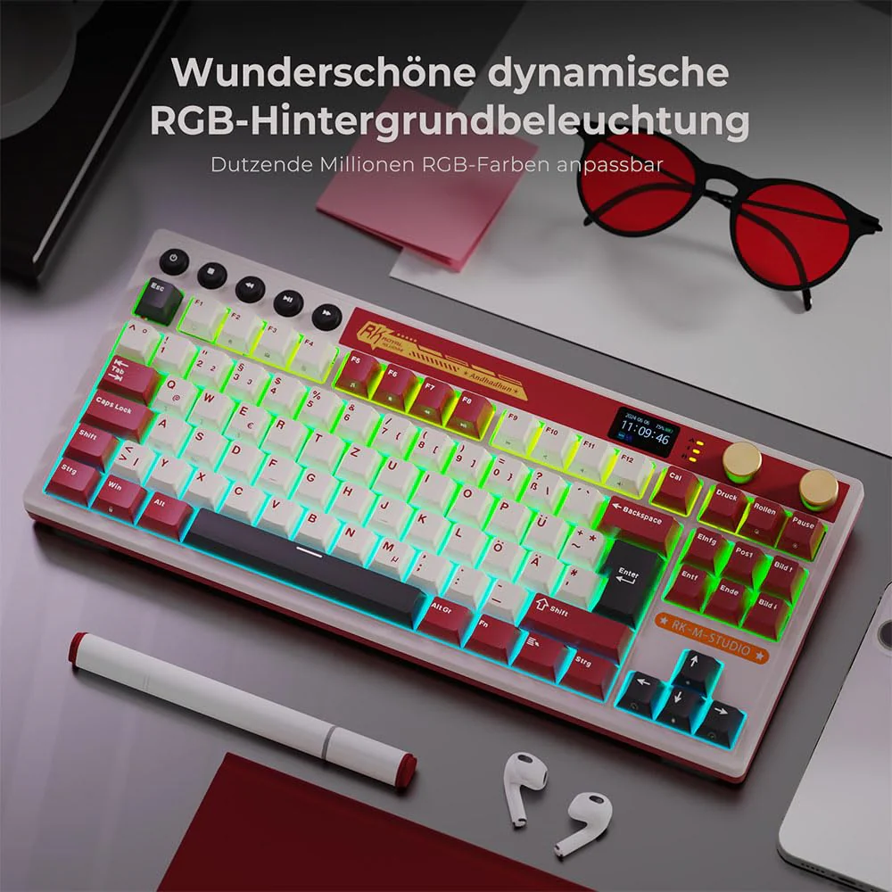 RK ROYAL KLUDGE M87 Mechanische Tastatur Kabellos mit Display und Doppelknopf, Gasket 75% Gaming Tastatur TKL, QWERTZ Bluetooth/2.4Ghz/USB-C RGB QMK/VIA, 7500 mAh, Hot Swap Linear Creamy Switches - Image 5