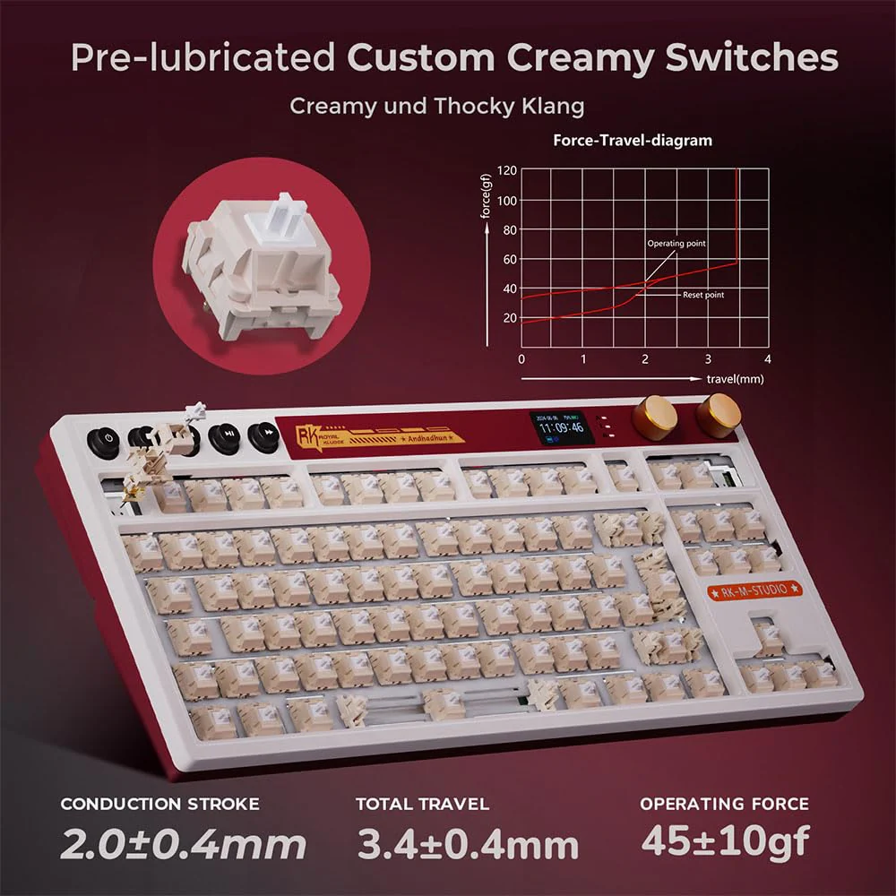 RK ROYAL KLUDGE M87 Mechanische Tastatur Kabellos mit Display und Doppelknopf, Gasket 75% Gaming Tastatur TKL, QWERTZ Bluetooth/2.4Ghz/USB-C RGB QMK/VIA, 7500 mAh, Hot Swap Linear Creamy Switches - Image 6