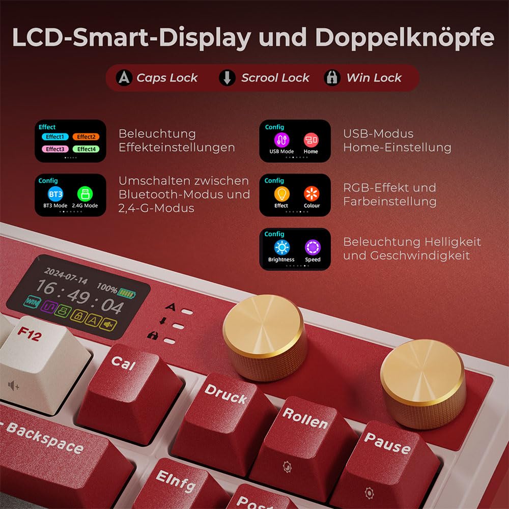 RK ROYAL KLUDGE M87 Mechanische Tastatur Kabellos mit Display und Doppelknopf, Gasket 75% Gaming Tastatur TKL, QWERTZ Bluetooth/2.4Ghz/USB-C RGB QMK/VIA, 7500 mAh, Hot Swap Linear Creamy Switches - Image 8