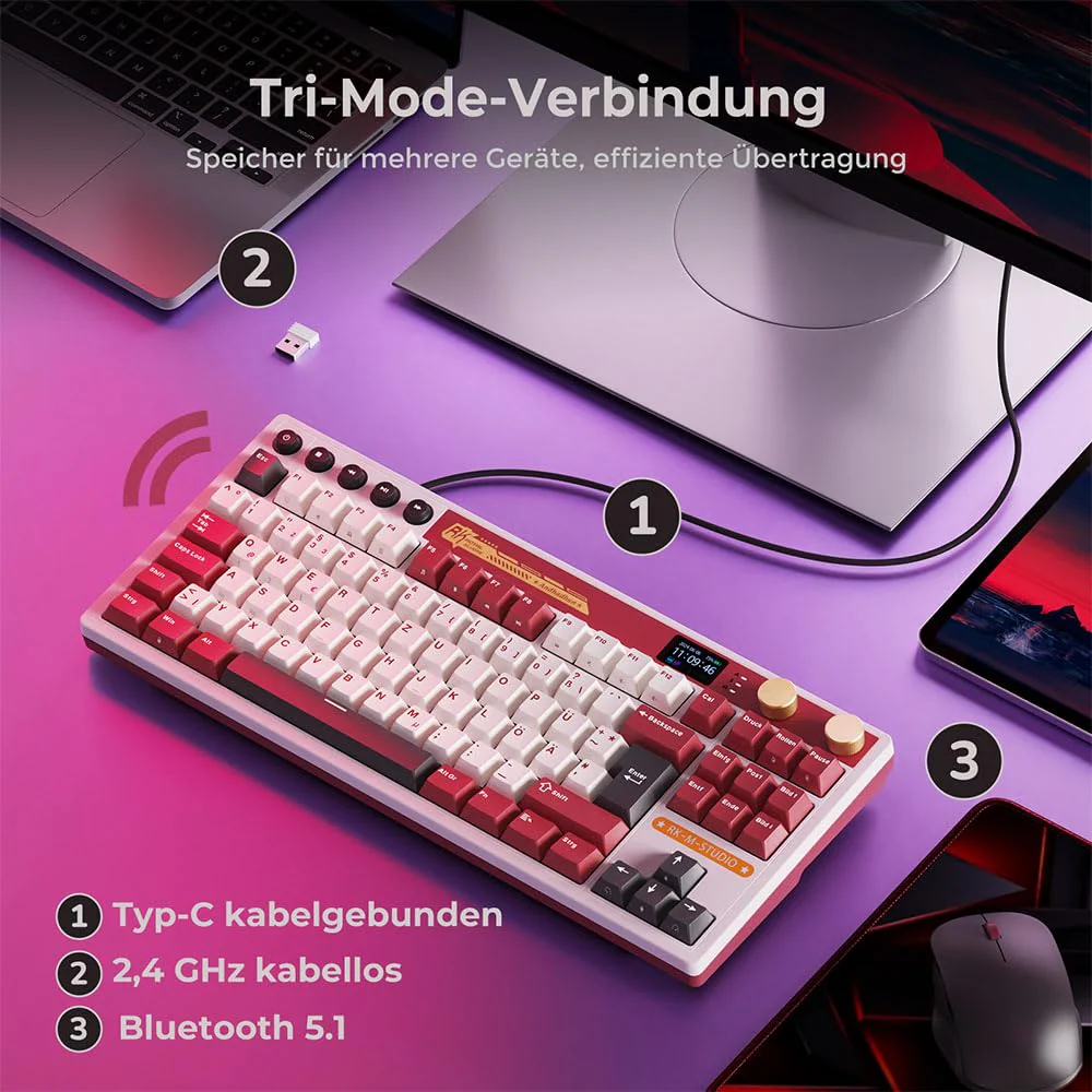 RK ROYAL KLUDGE M87 Mechanische Tastatur Kabellos mit Display und Doppelknopf, Gasket 75% Gaming Tastatur TKL, QWERTZ Bluetooth/2.4Ghz/USB-C RGB QMK/VIA, 7500 mAh, Hot Swap Linear Creamy Switches - Image 9