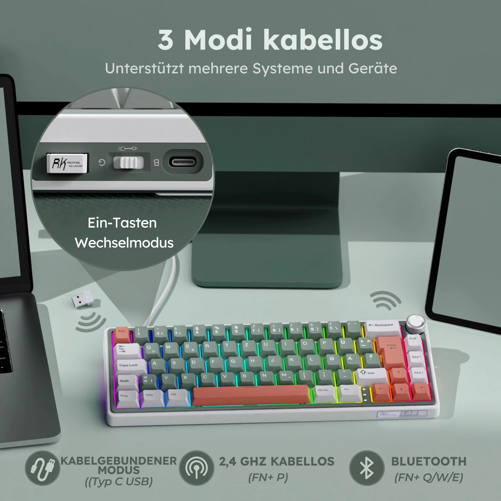 RK ROYAL KLUDGE R65 Gaming Tastatur 60 Prozent mit Knopf, Gasket Mechanische Tastatur Kabellos Bluetooth/2.4G/USB-C RGB PBT Tastenkappen QWERTZ QMK/VIA, Hot Swap Linearer Creamy Switches - Image 3